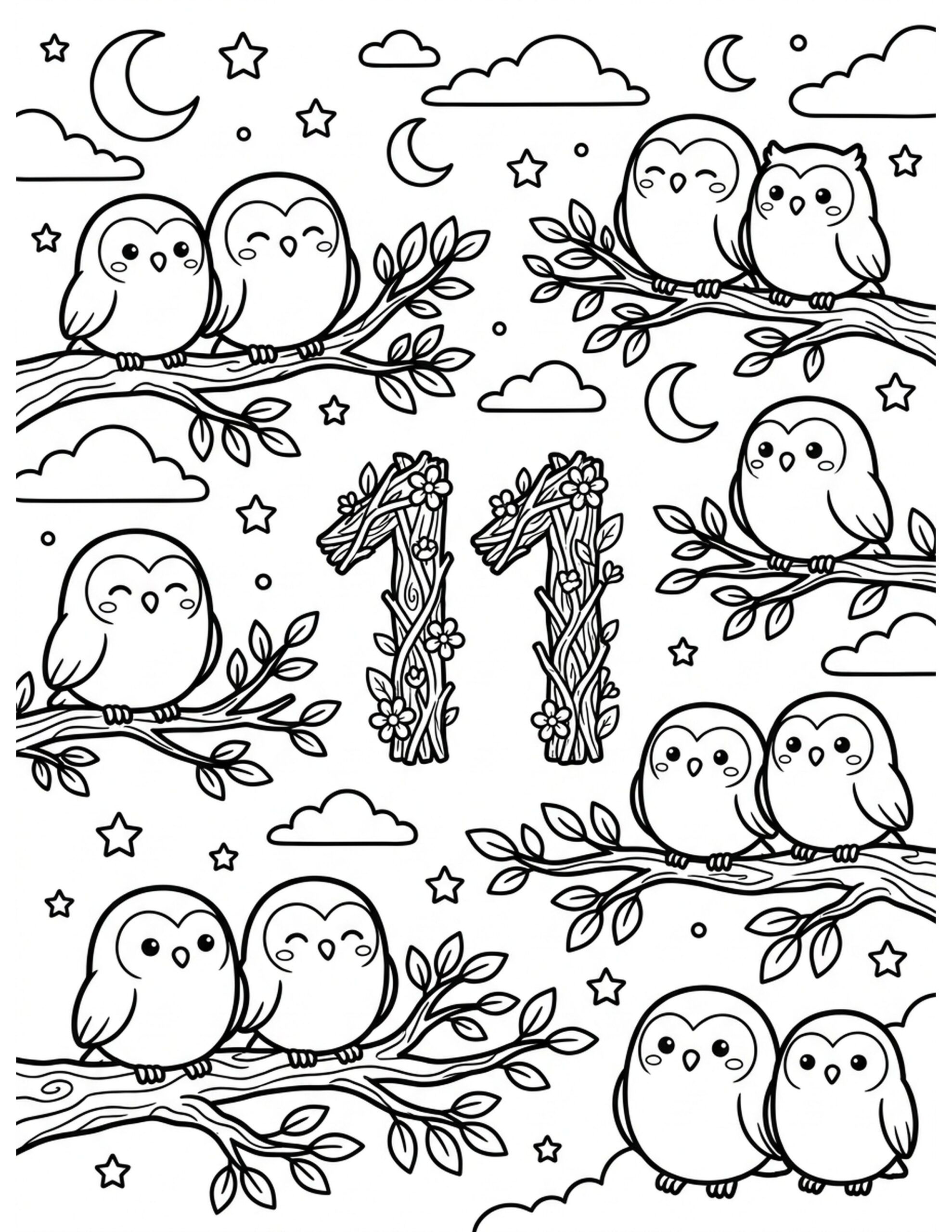 Eleven Adorable Owls Coloring Page
