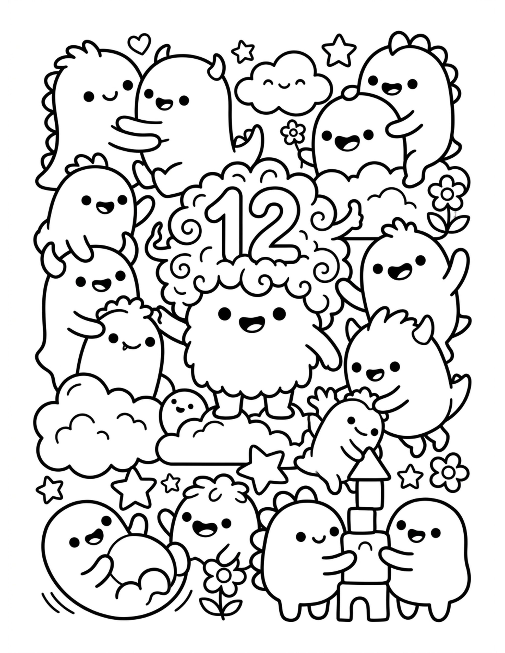 Twelve Friendly Monsters Coloring Page