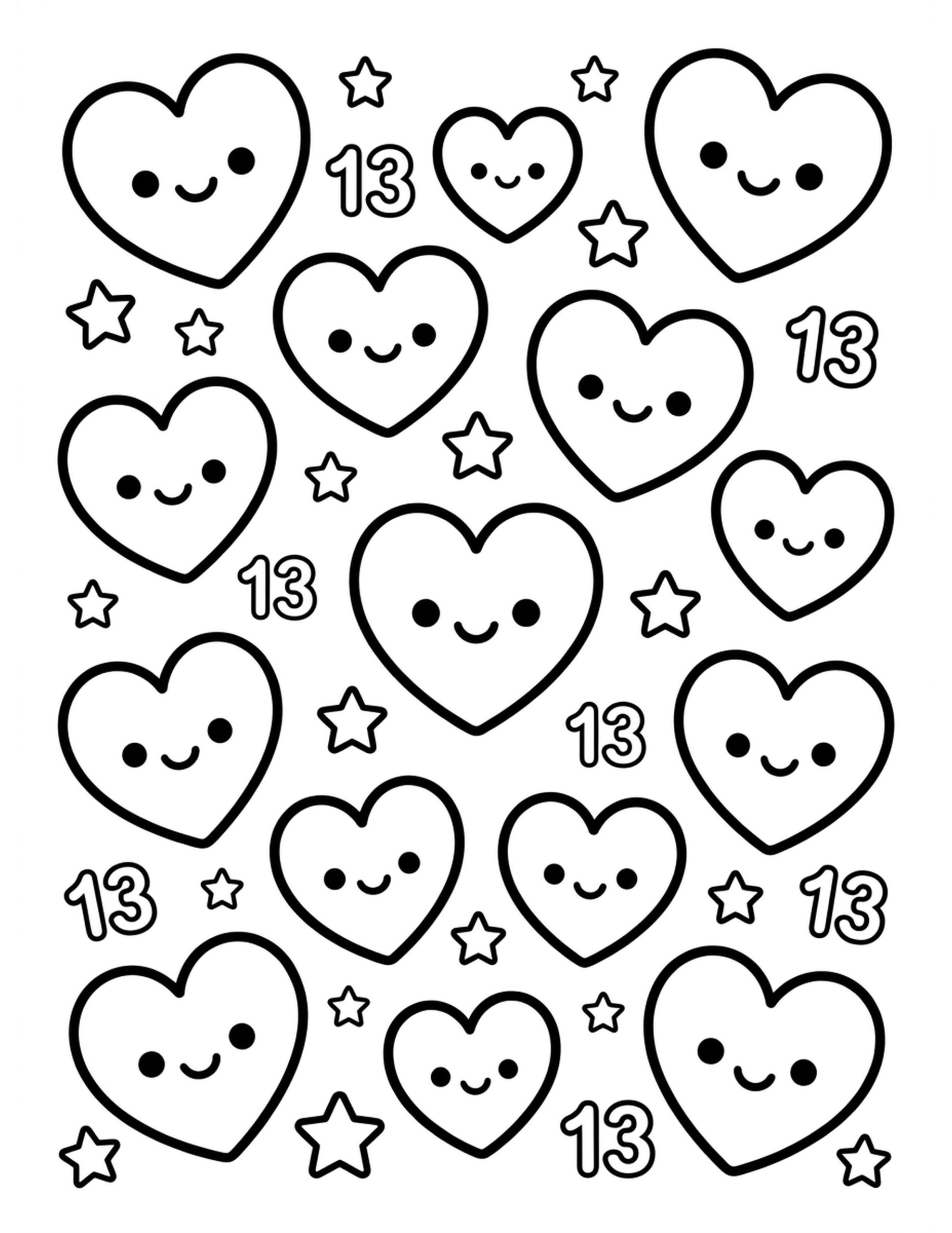 Thirteen Cheery Hearts Coloring Page