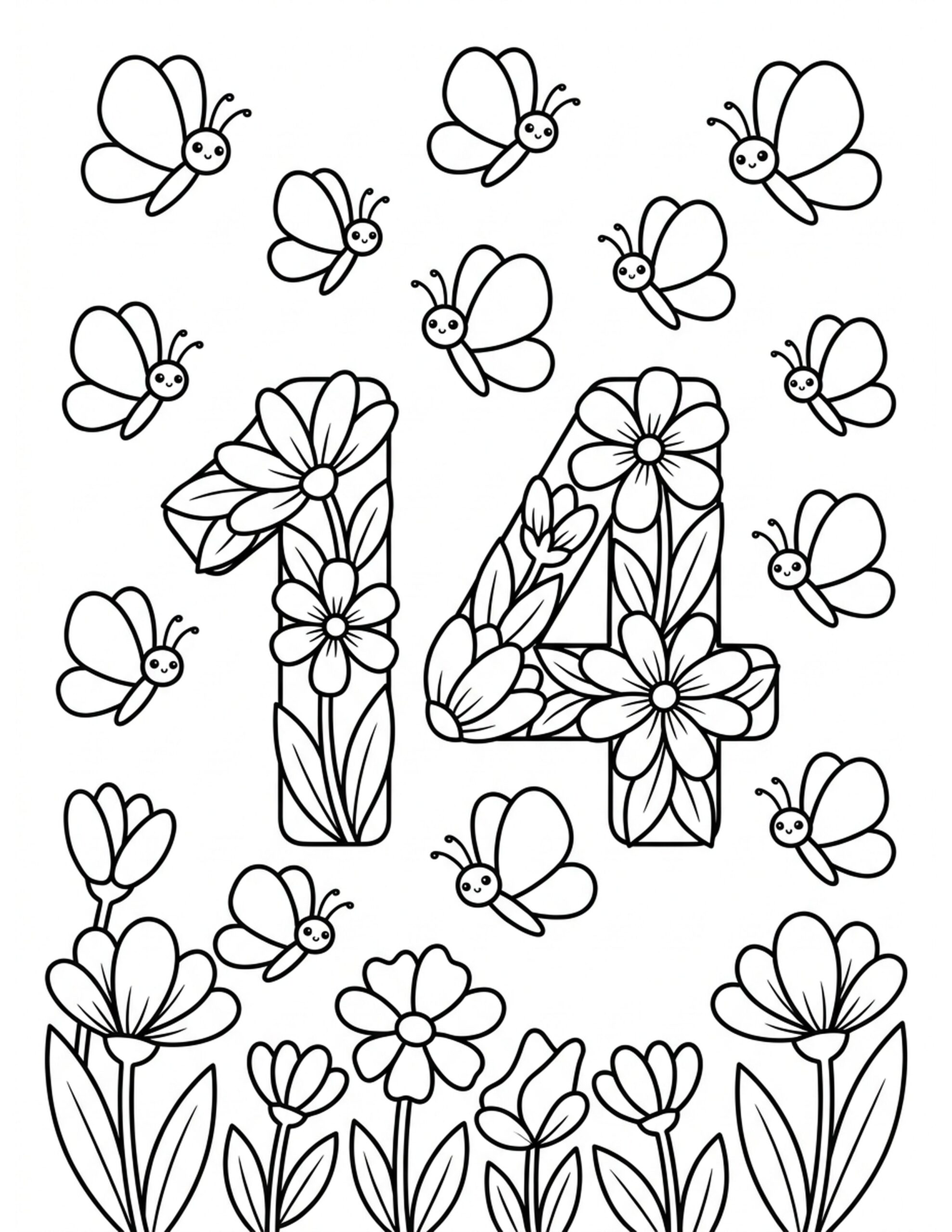 Fourteen Colorful Butterflies Coloring Page