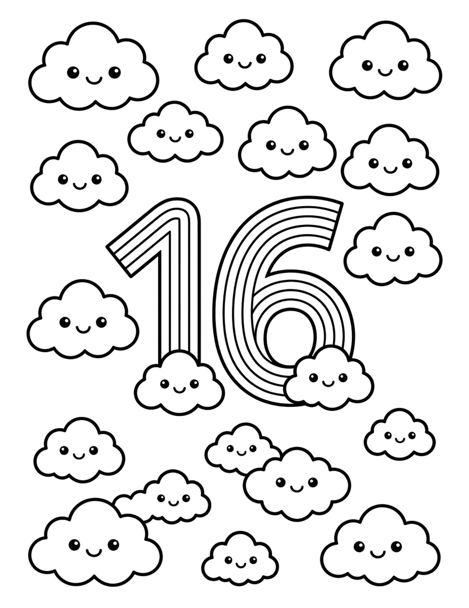 Sixteen Cheerful Clouds Coloring Page