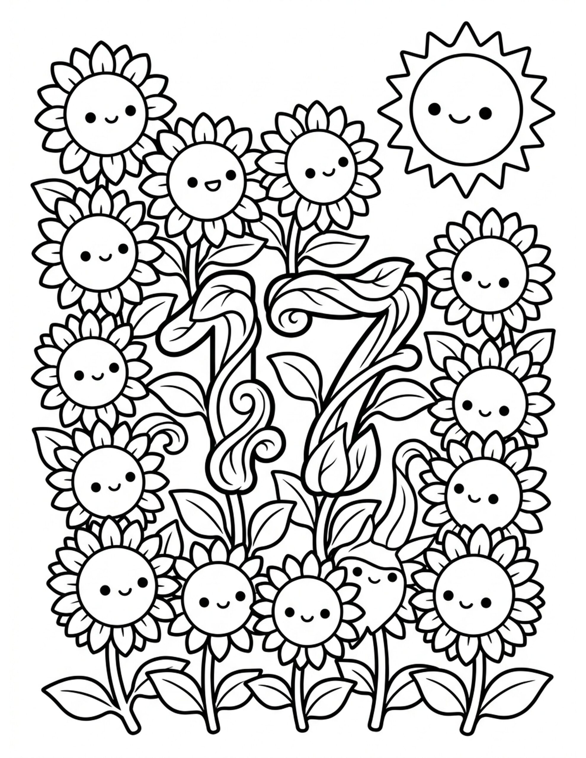 Seventeen Joyful Sunflowers Coloring Page