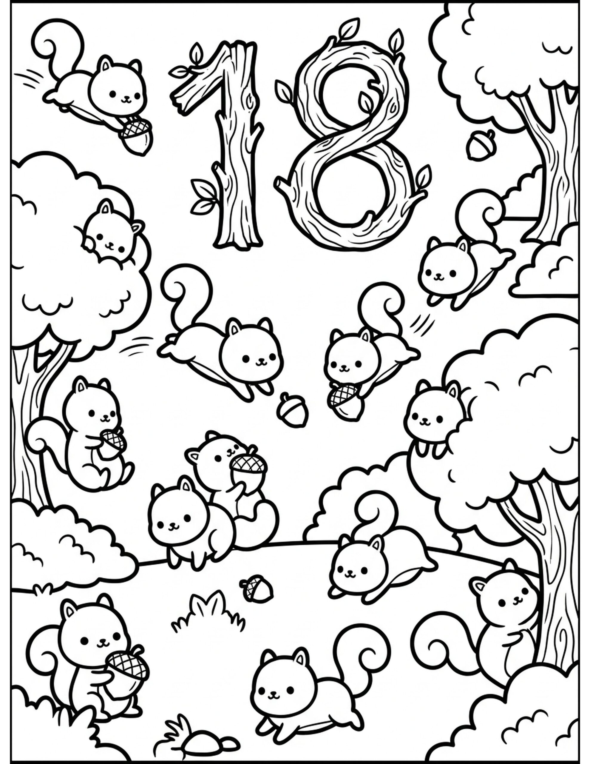 Eighteen Playful Squirrels Coloring Page