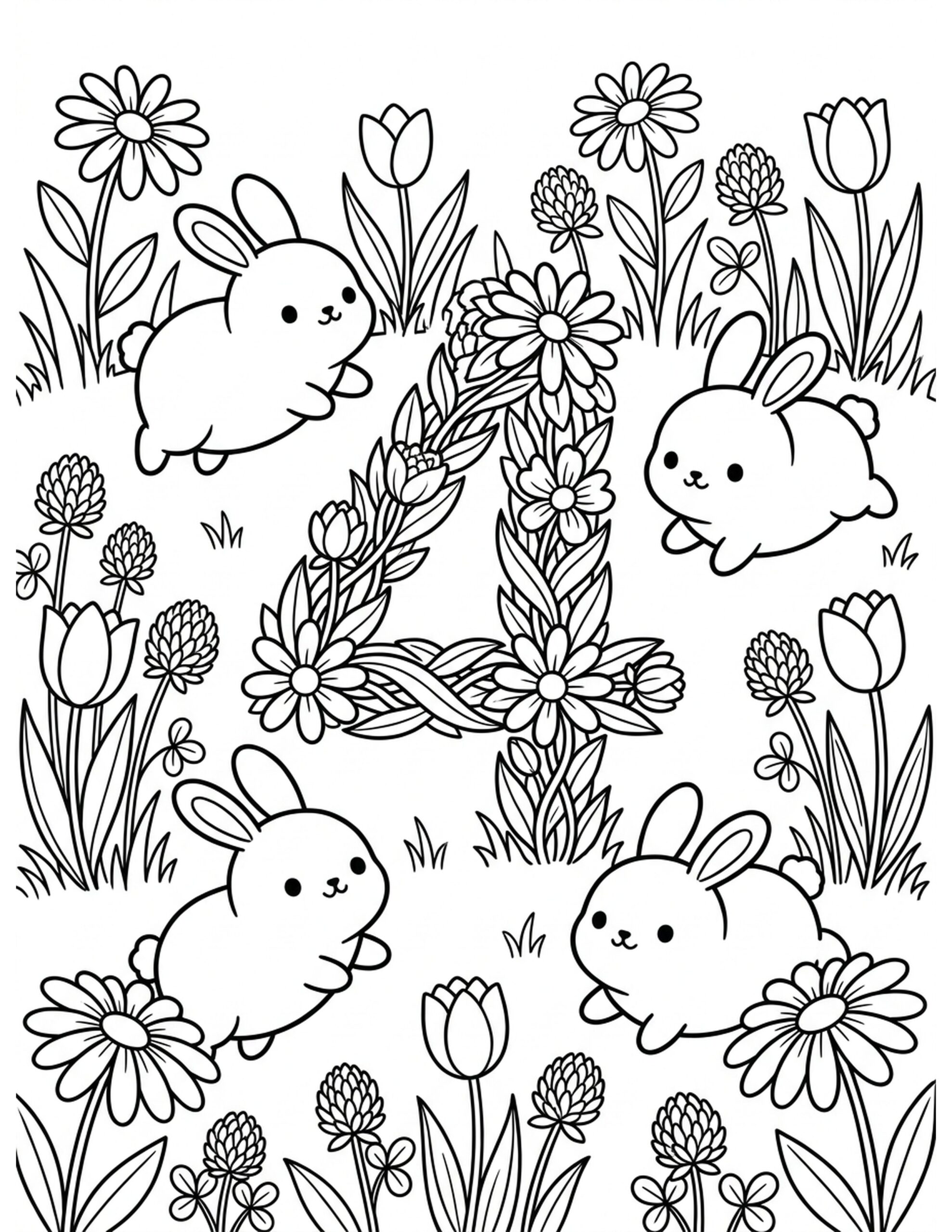 Four Bouncing Bunnies Coloring Page