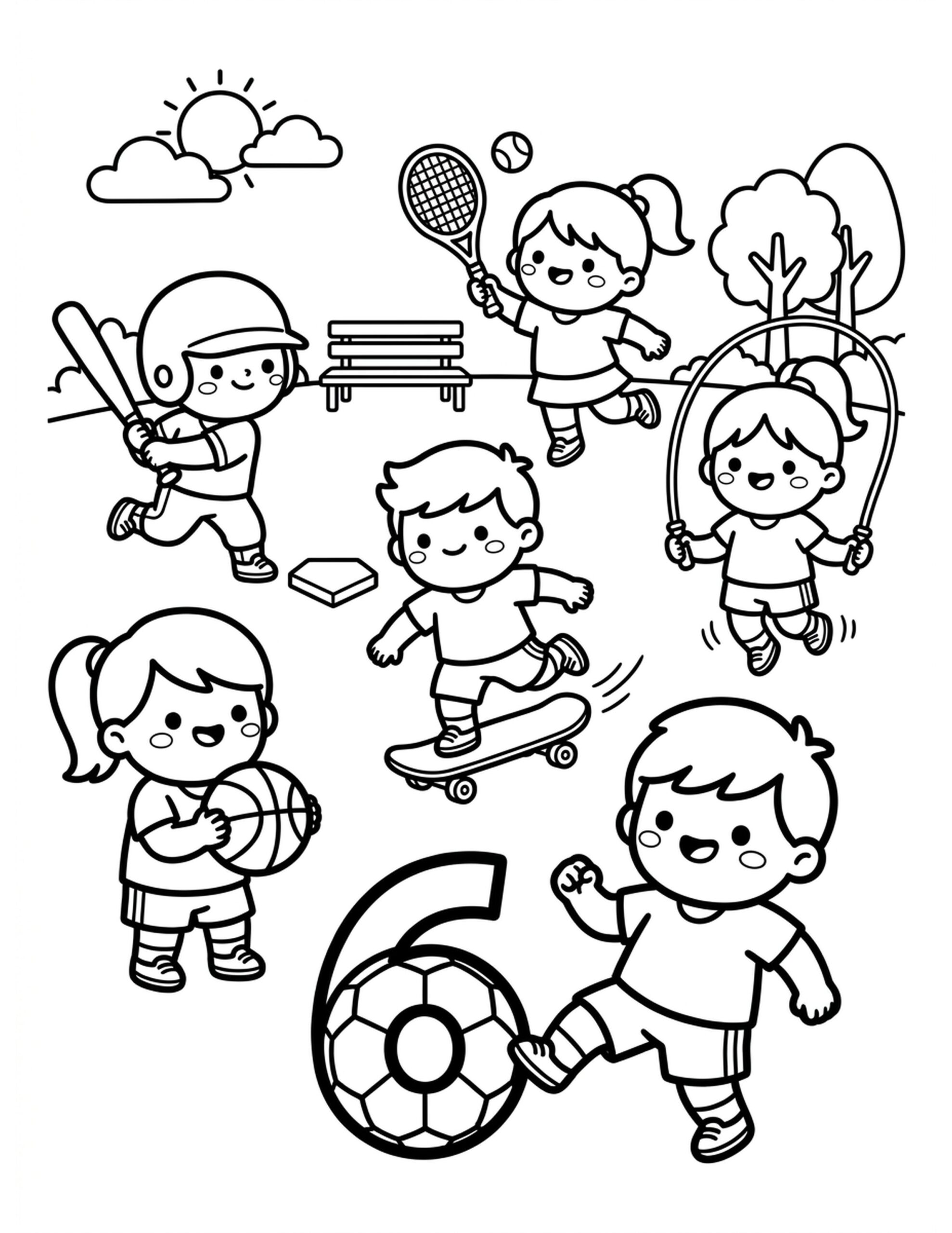 Six Active Kids Coloring Page
