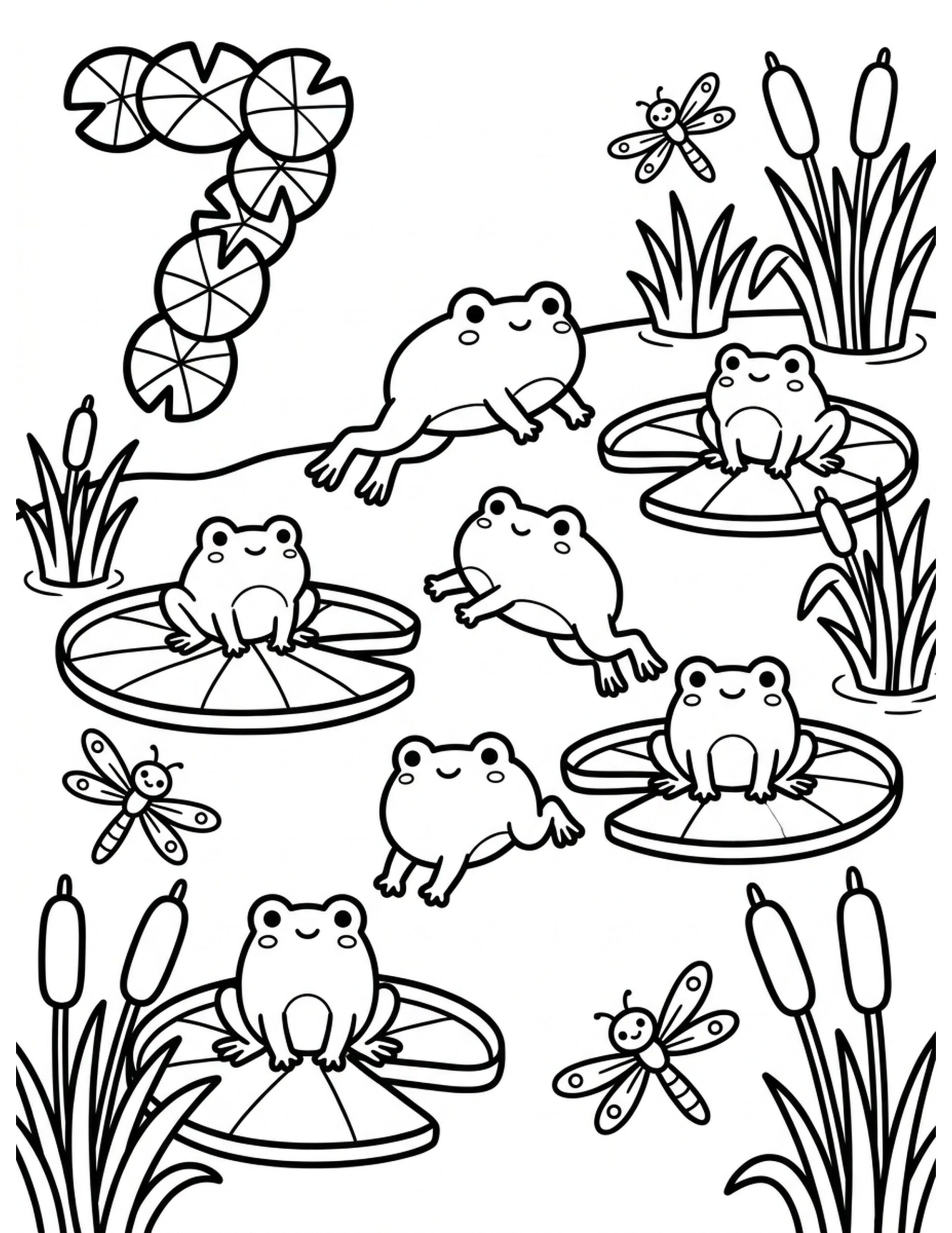 Seven Jumpy Frogs Coloring Page