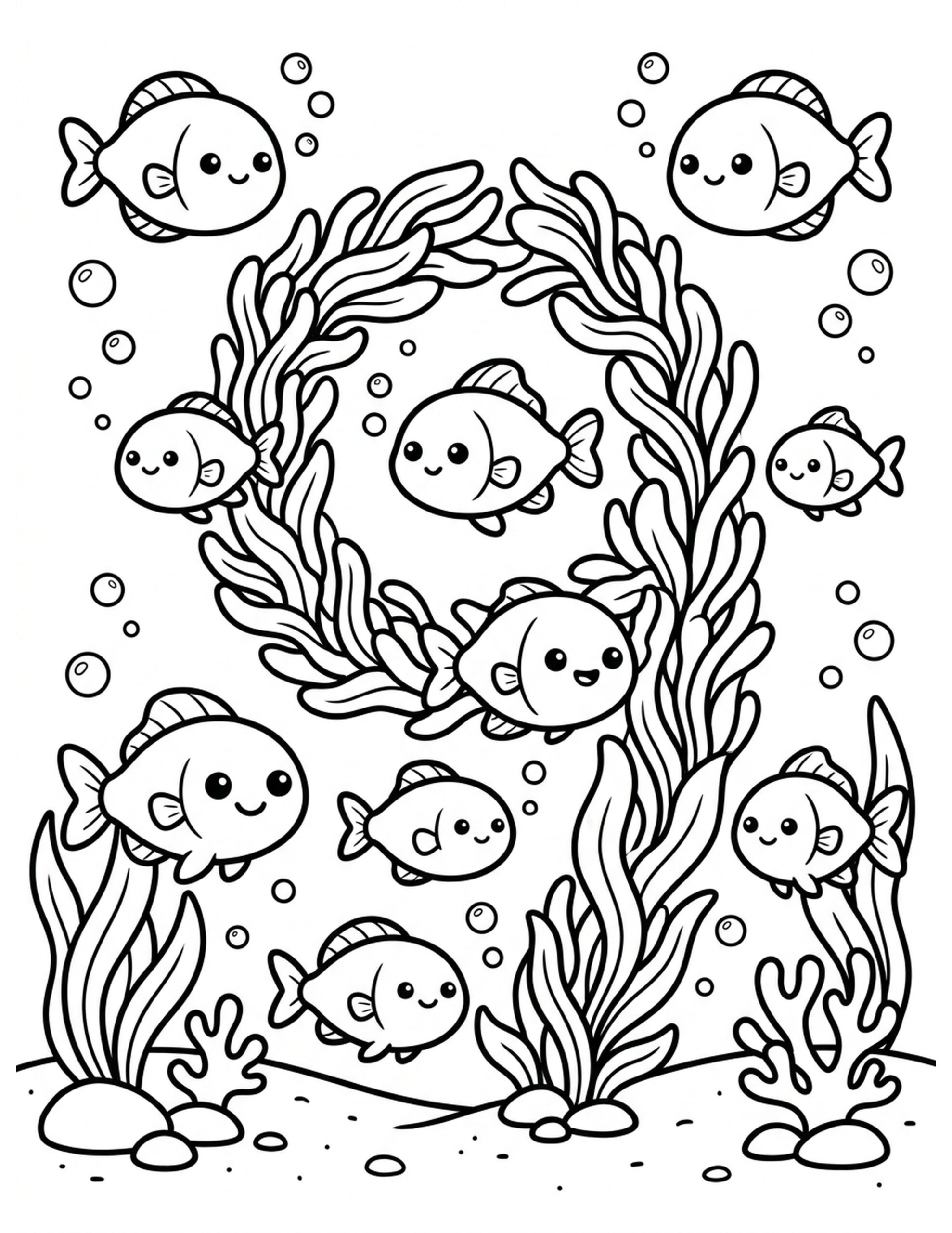 Nine Happy Fish Coloring Page