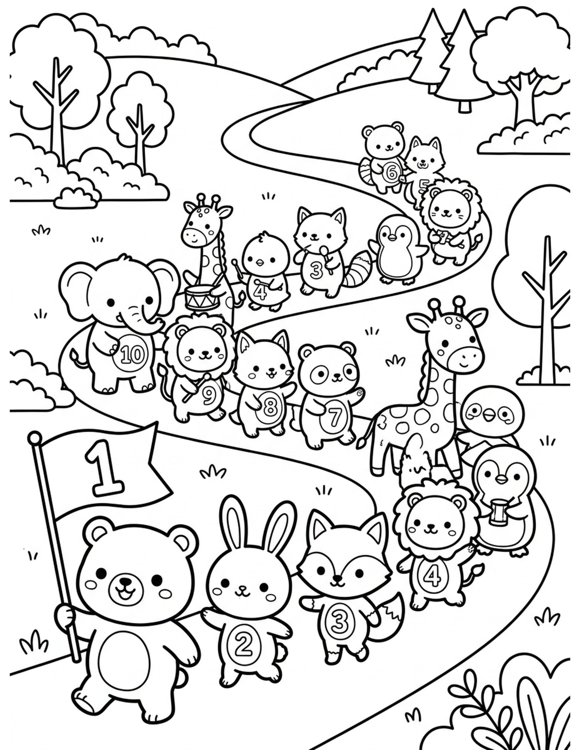 Animal Parade of Numbers Coloring Page