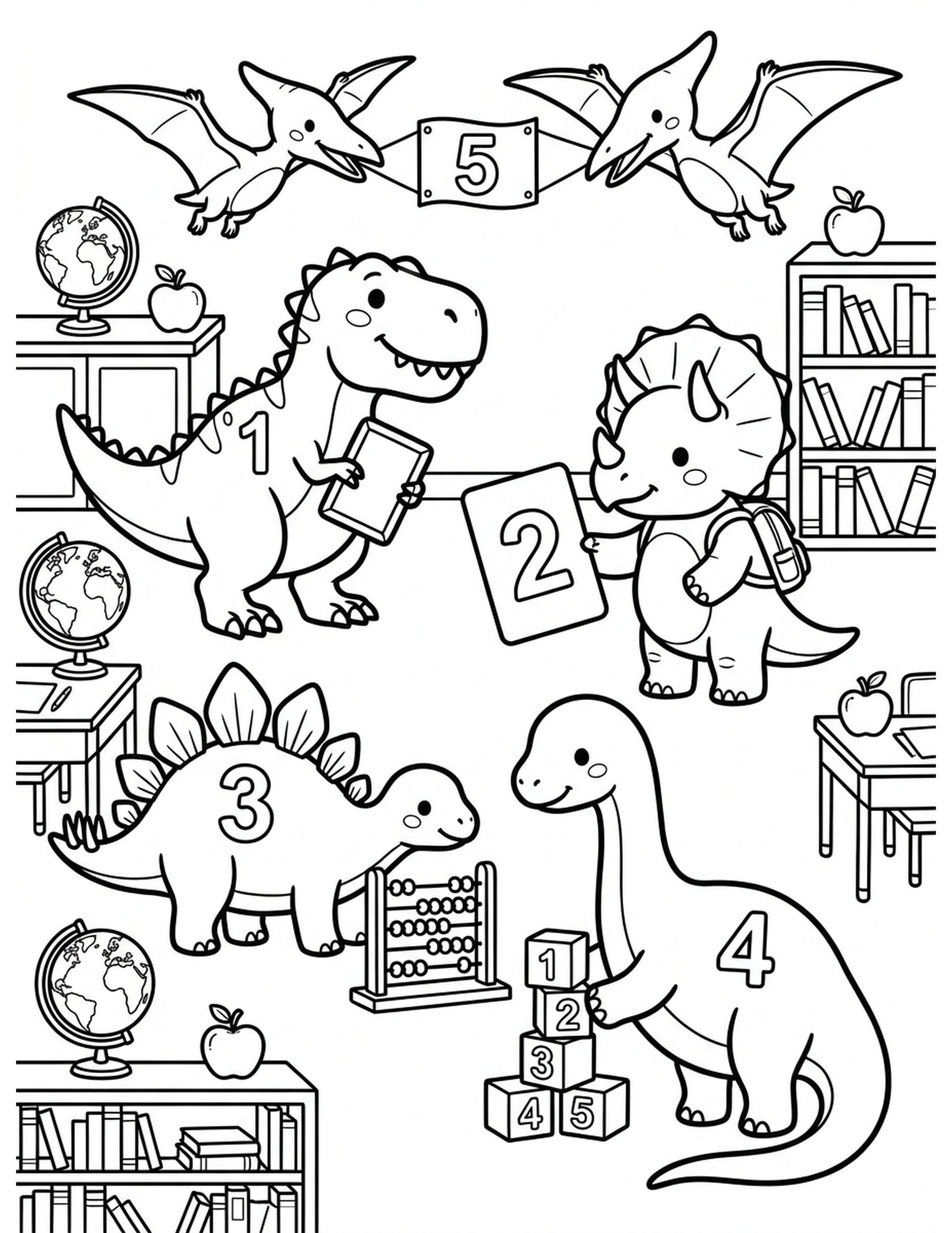 Dinosaurs at Number School Coloring Page
