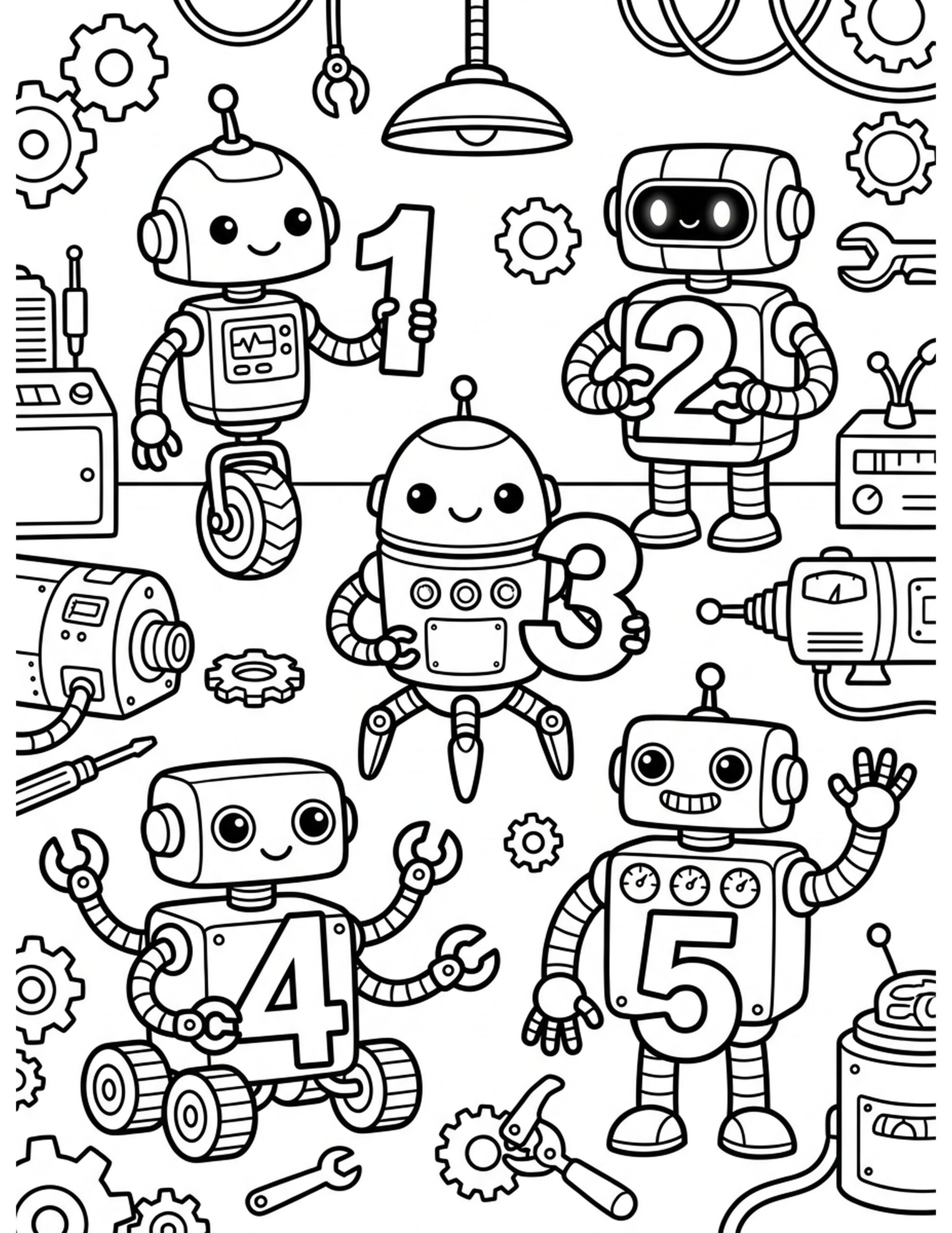Robot Numbers Coloring Page