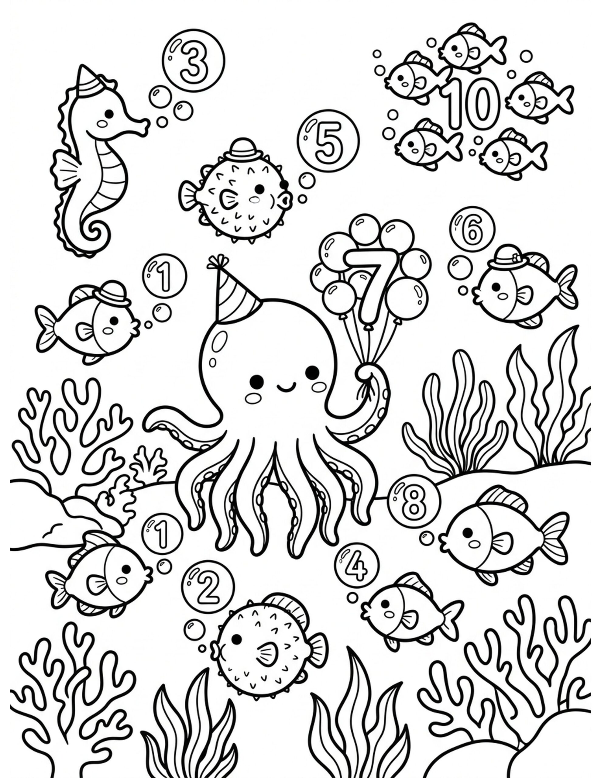 Underwater Number Party Coloring Page