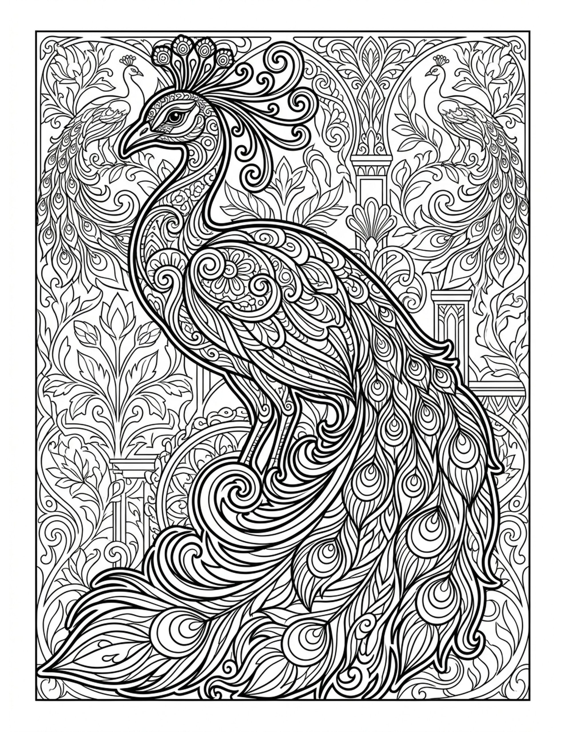 Art Nouveau Inspired Peacock Design Coloring Page