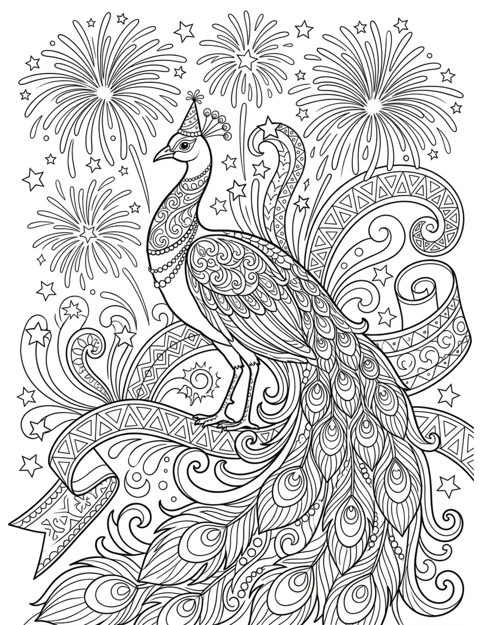 Peacock Celebration with Fireworks Coloring Page