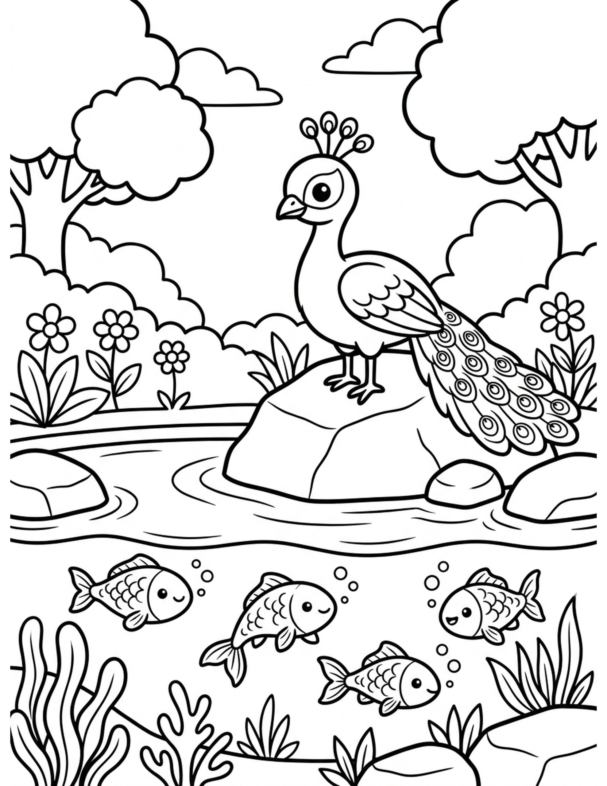 Peacock in a Fish Pond Coloring Page