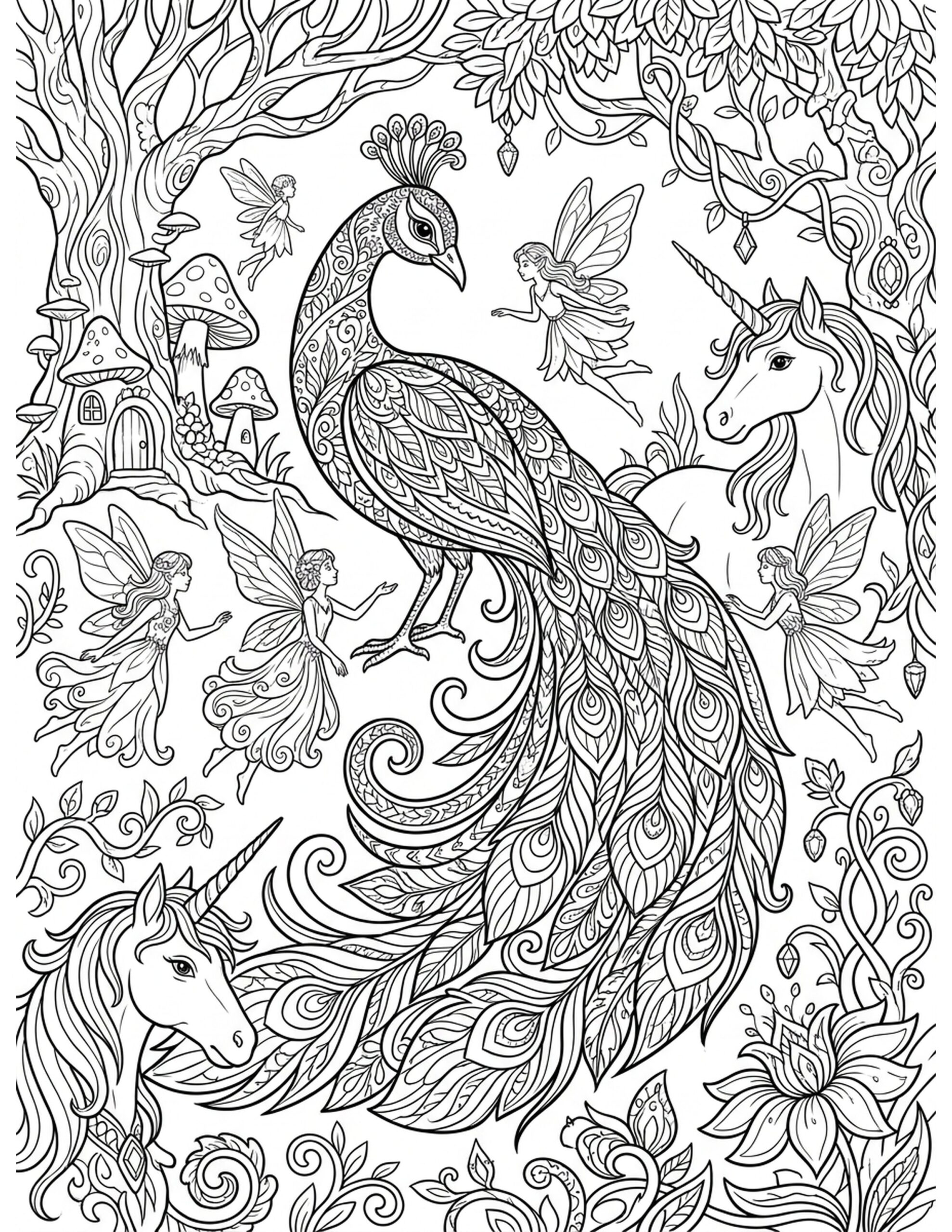 Fantasy Peacock Amidst Magical Creatures Coloring Page