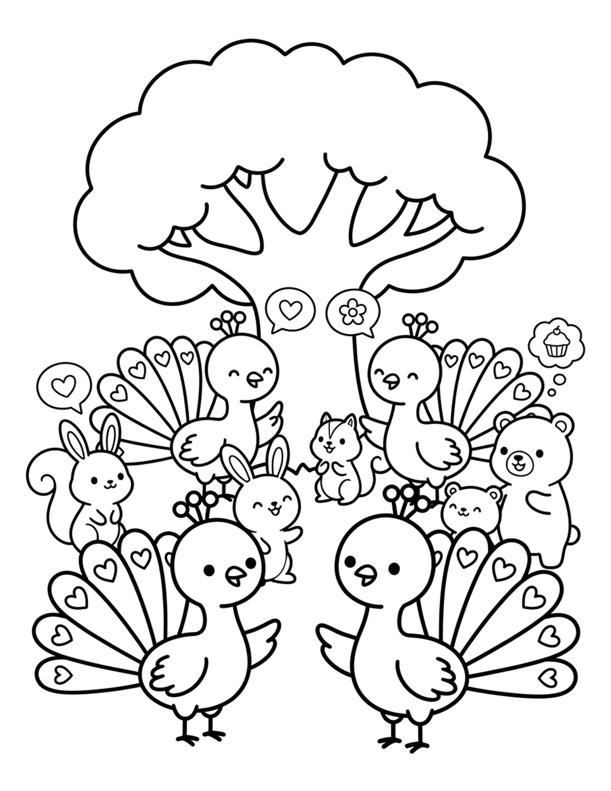 Kawaii Peacocks Making New Friends Coloring Page