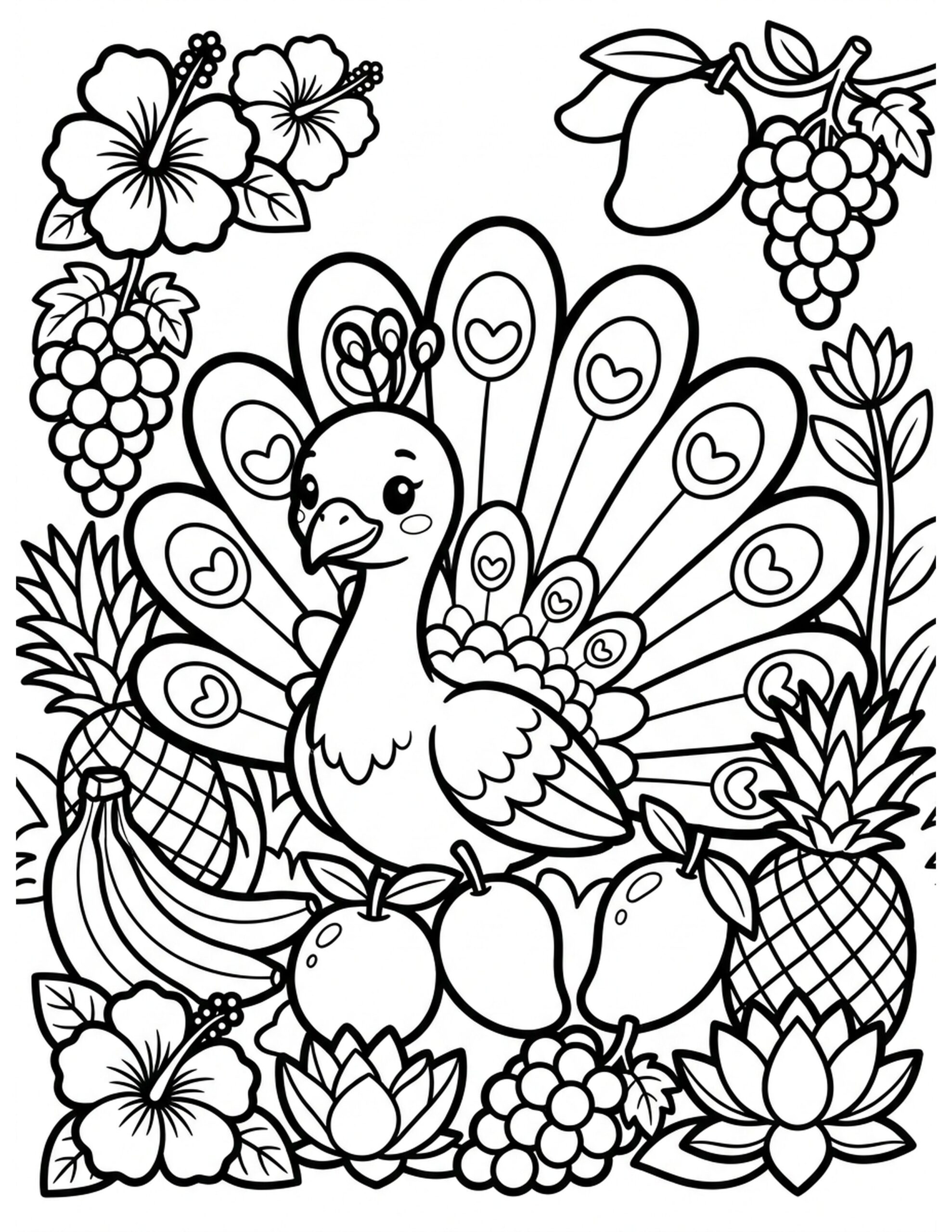 Peacock with Fruit and Flowers Coloring Page