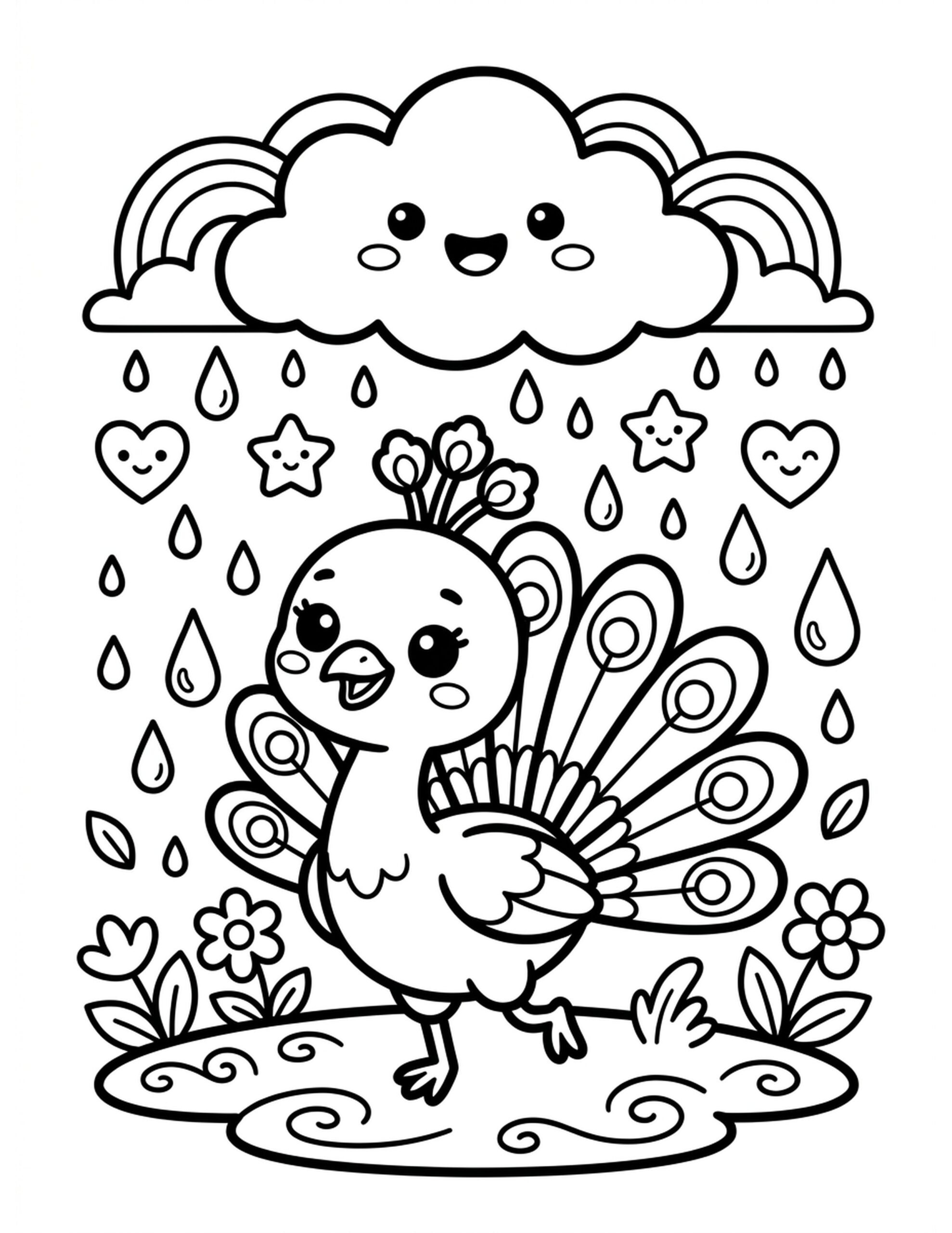 Peacock and Rain Cloud Coloring Page