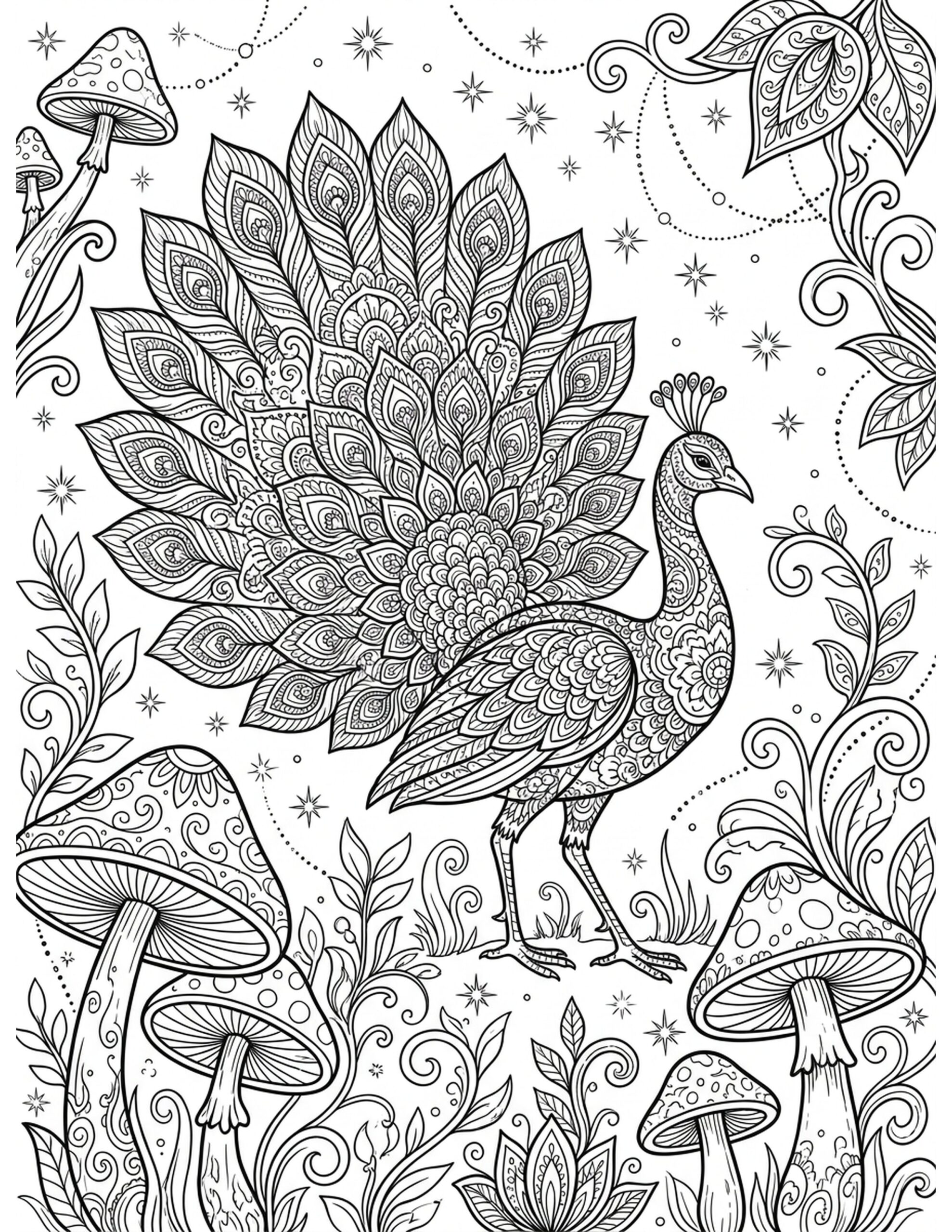 Peacock in a Mystical Garden Coloring Page
