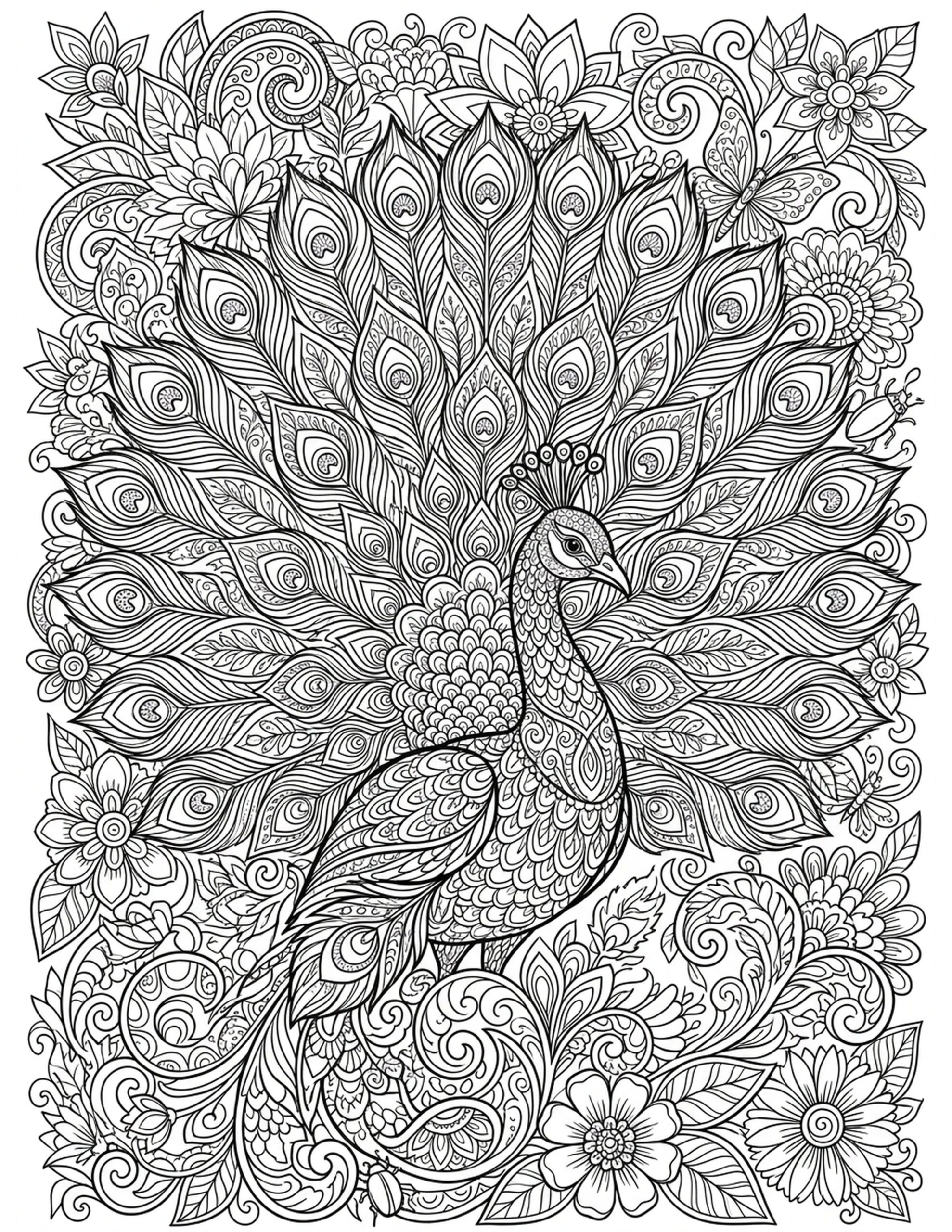 Peacock Displaying Feathers Coloring Page