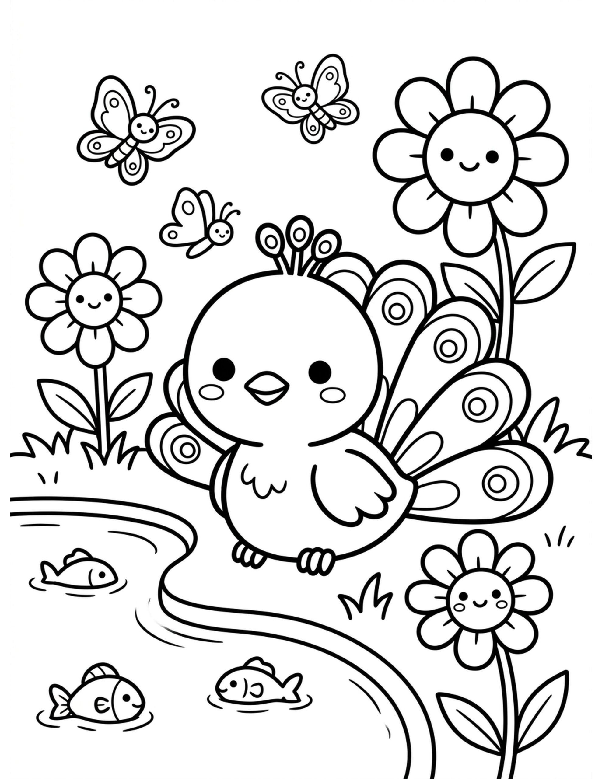 Kawaii Peacock in a Garden Coloring Page
