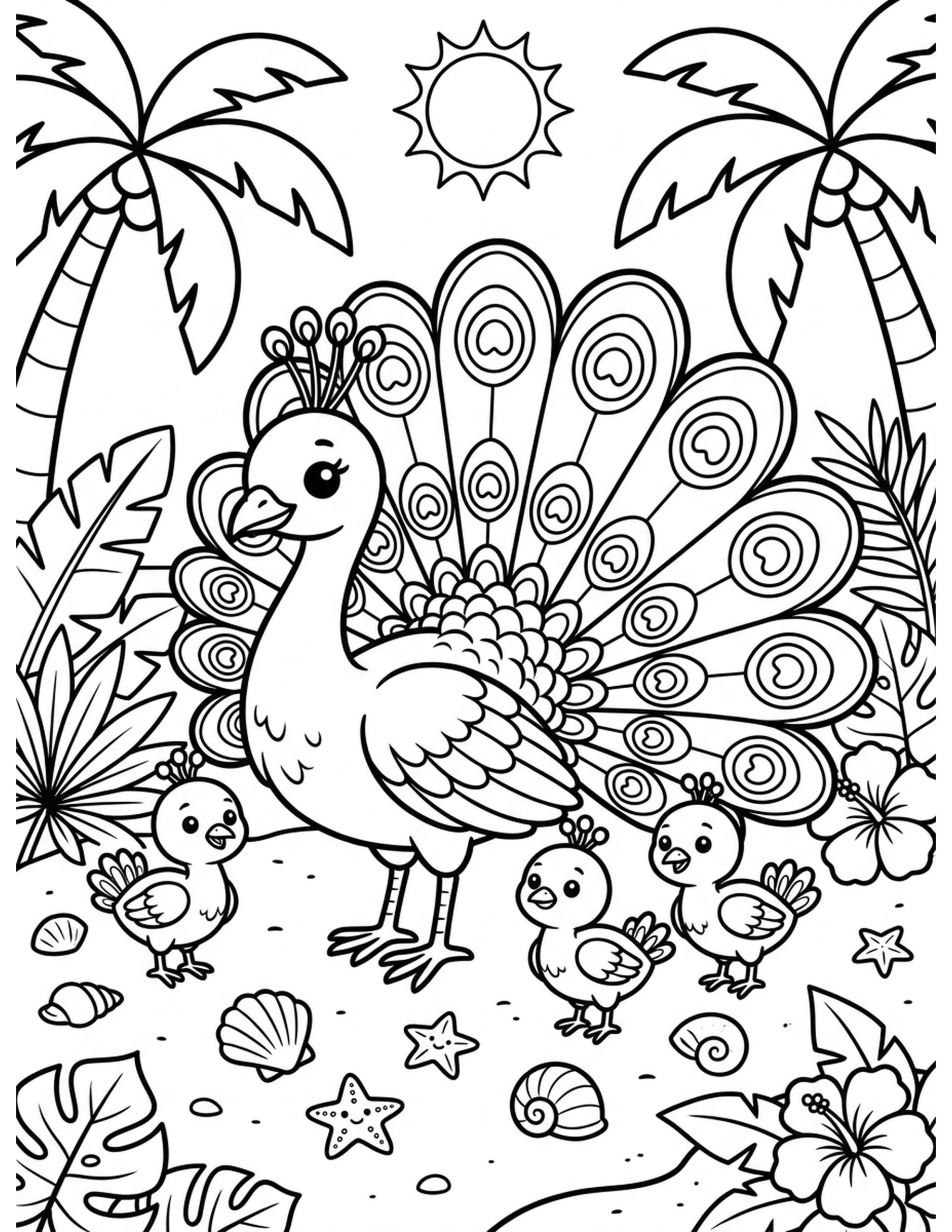 Peacock Family in a Tropical Scene Coloring Page