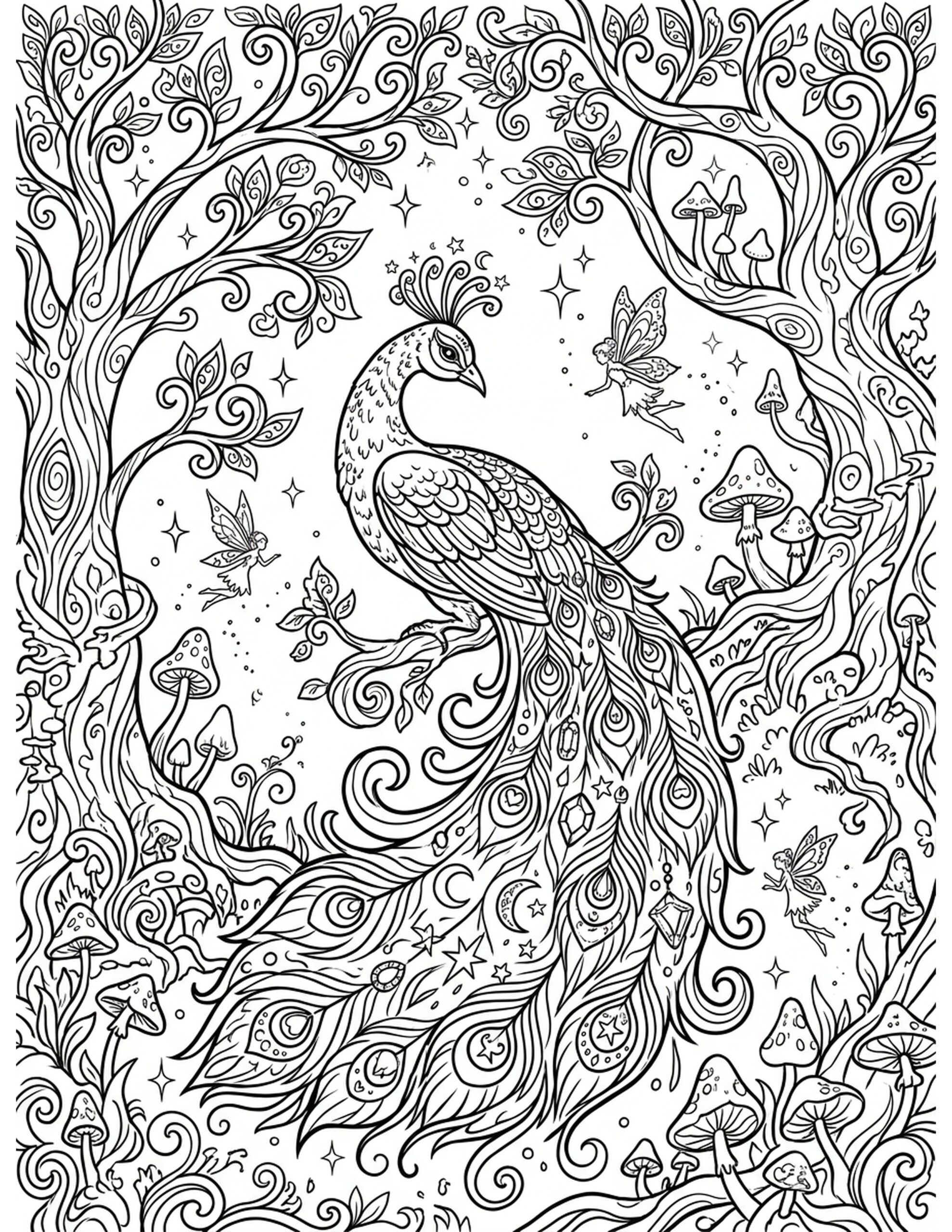 Magical Peacock in an Enchanted Forest Coloring Page