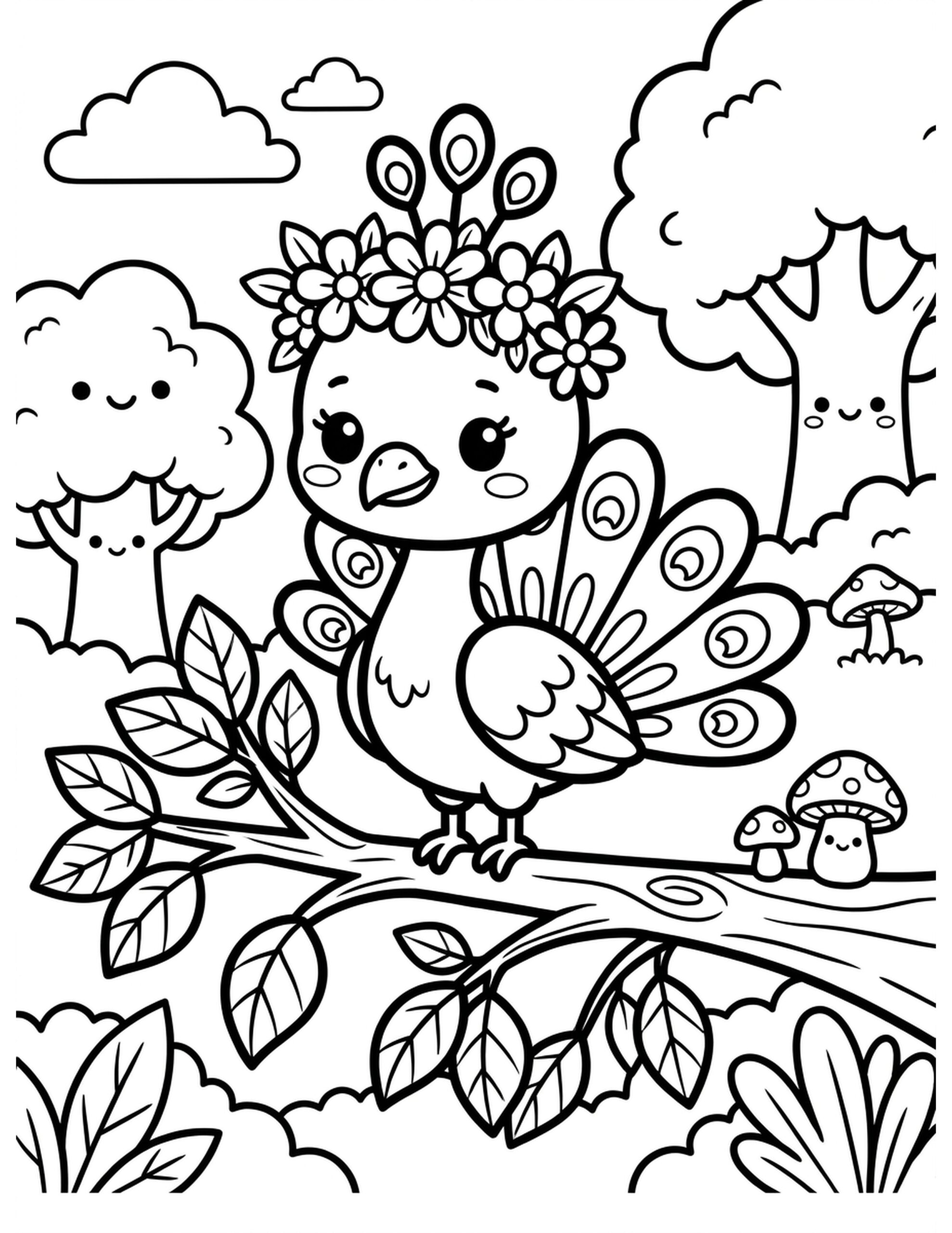 Peacock with Floral Crown Coloring Page