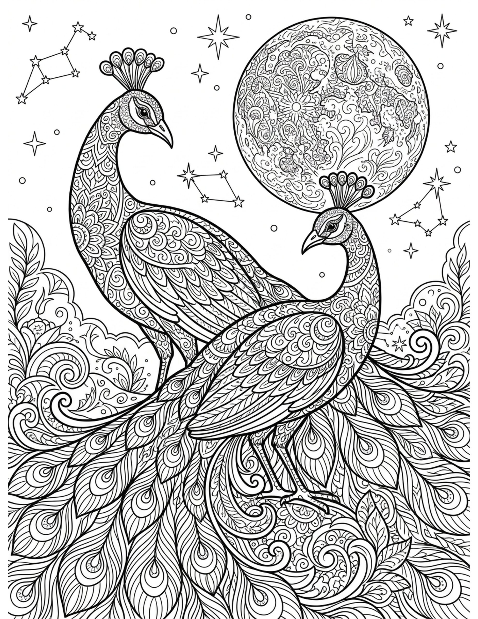 Dancing Peacocks in the Moonlight Coloring Page