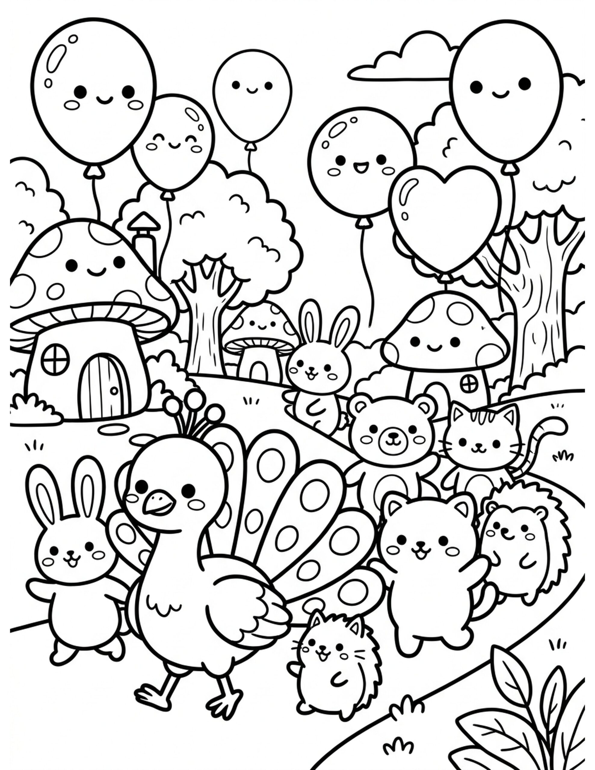 Kawaii Peacock Parade Coloring Page