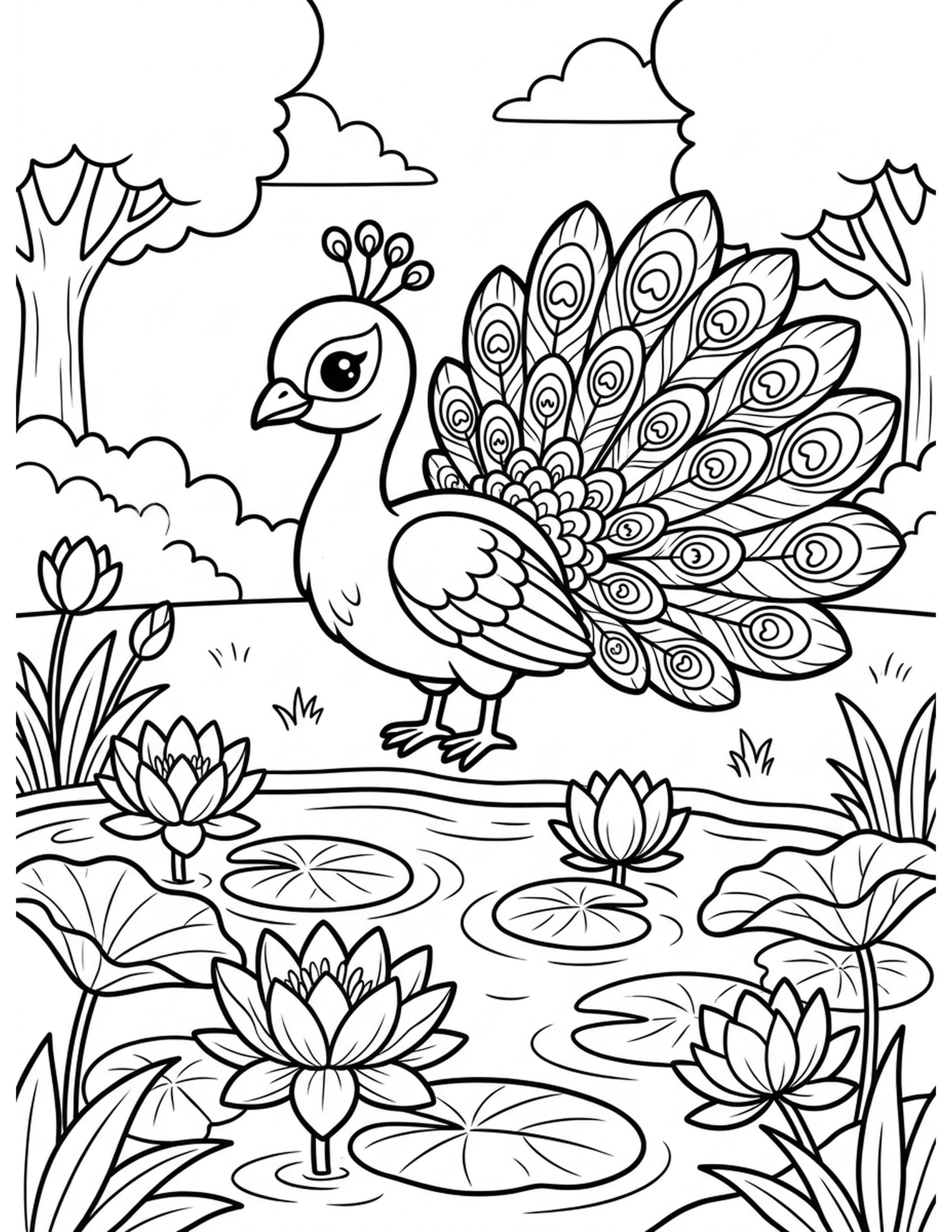 Peacock in a Garden with Lotus Flowers Coloring Page