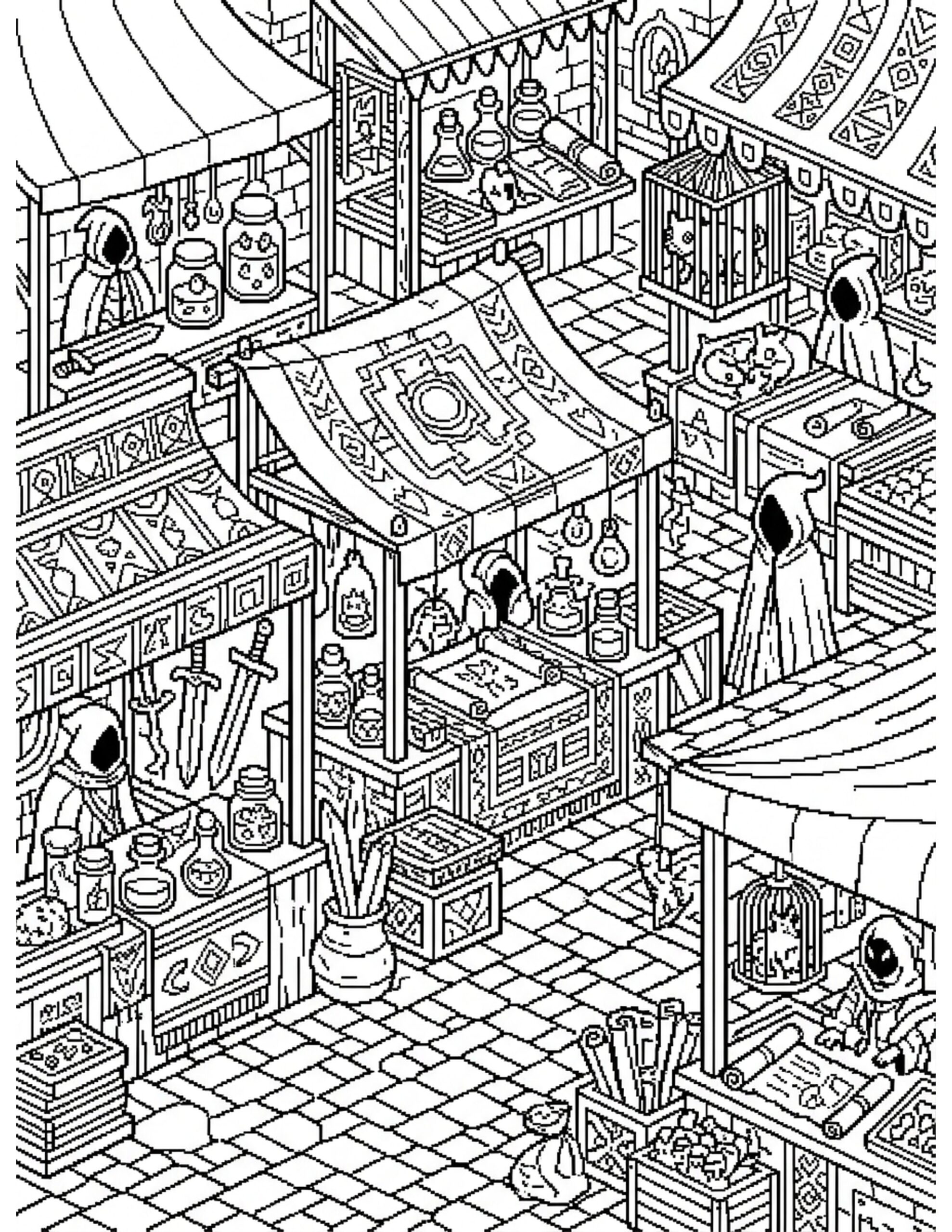 Pixelated Fantasy Marketplace Coloring Page