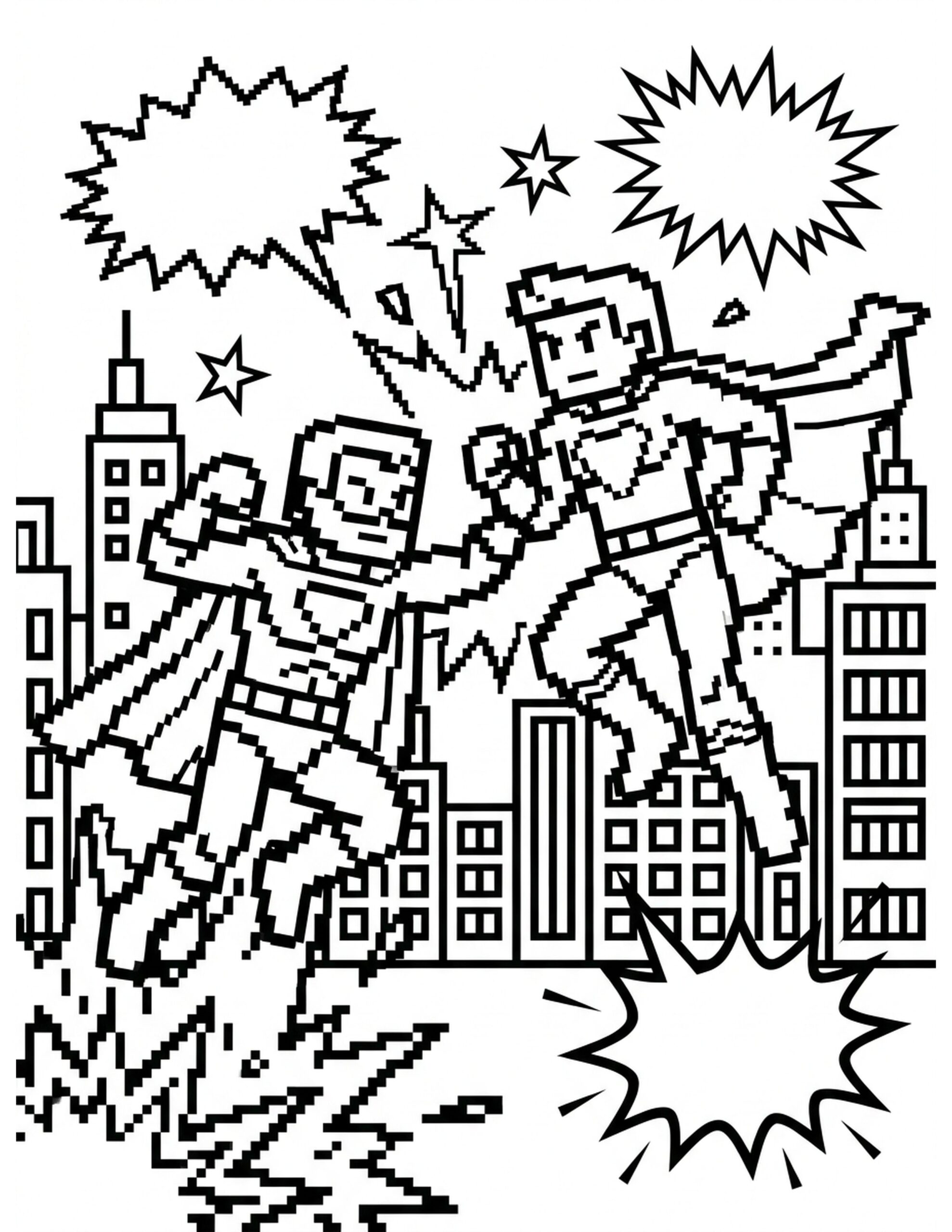 Pixelated Superhero Showdown Coloring Page