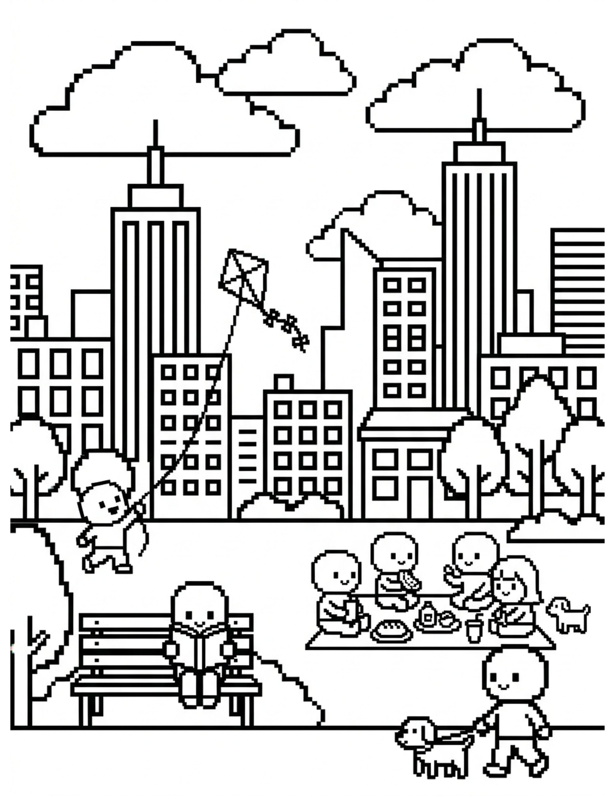 Pixelated Cityscape Coloring Page