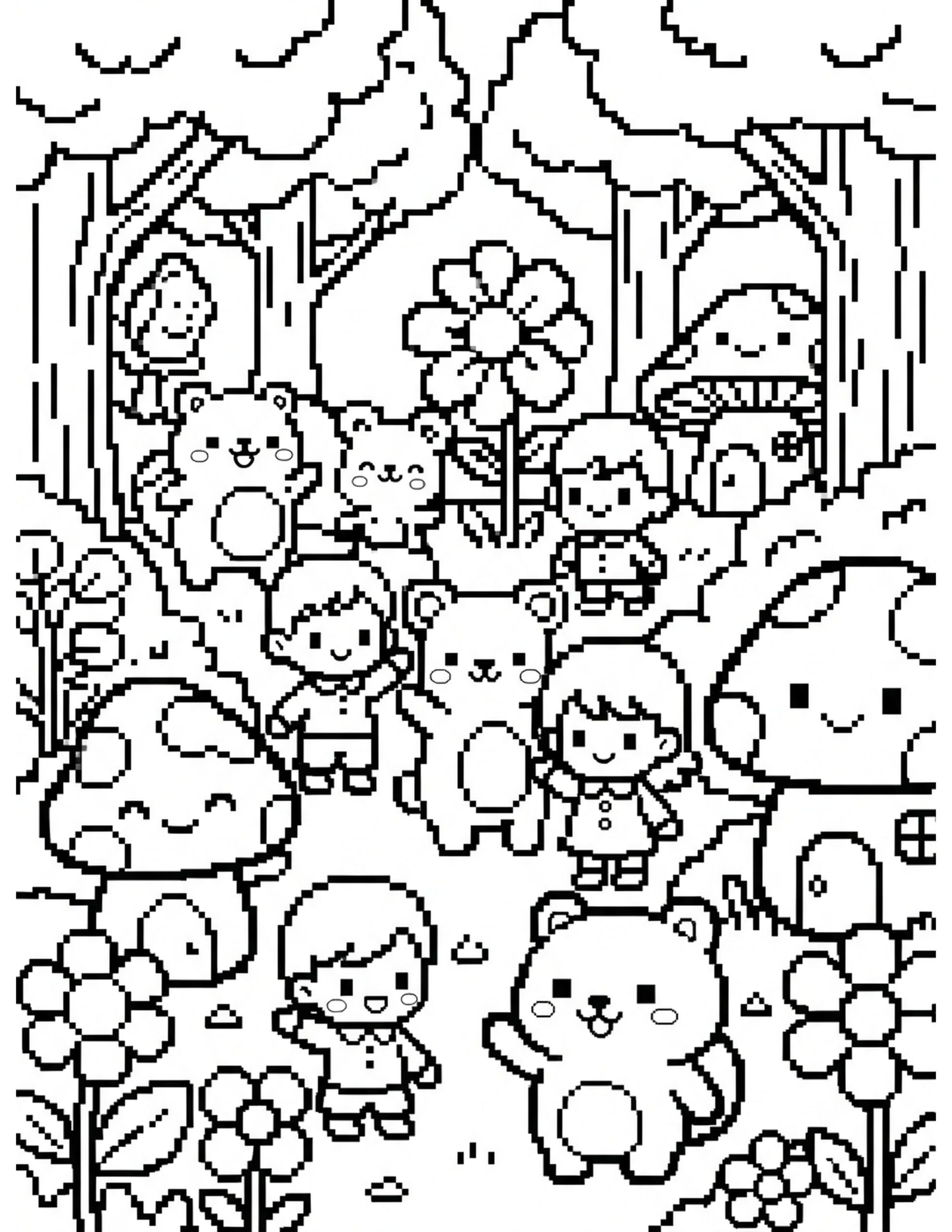 Pixelated Forest Adventure Coloring Page