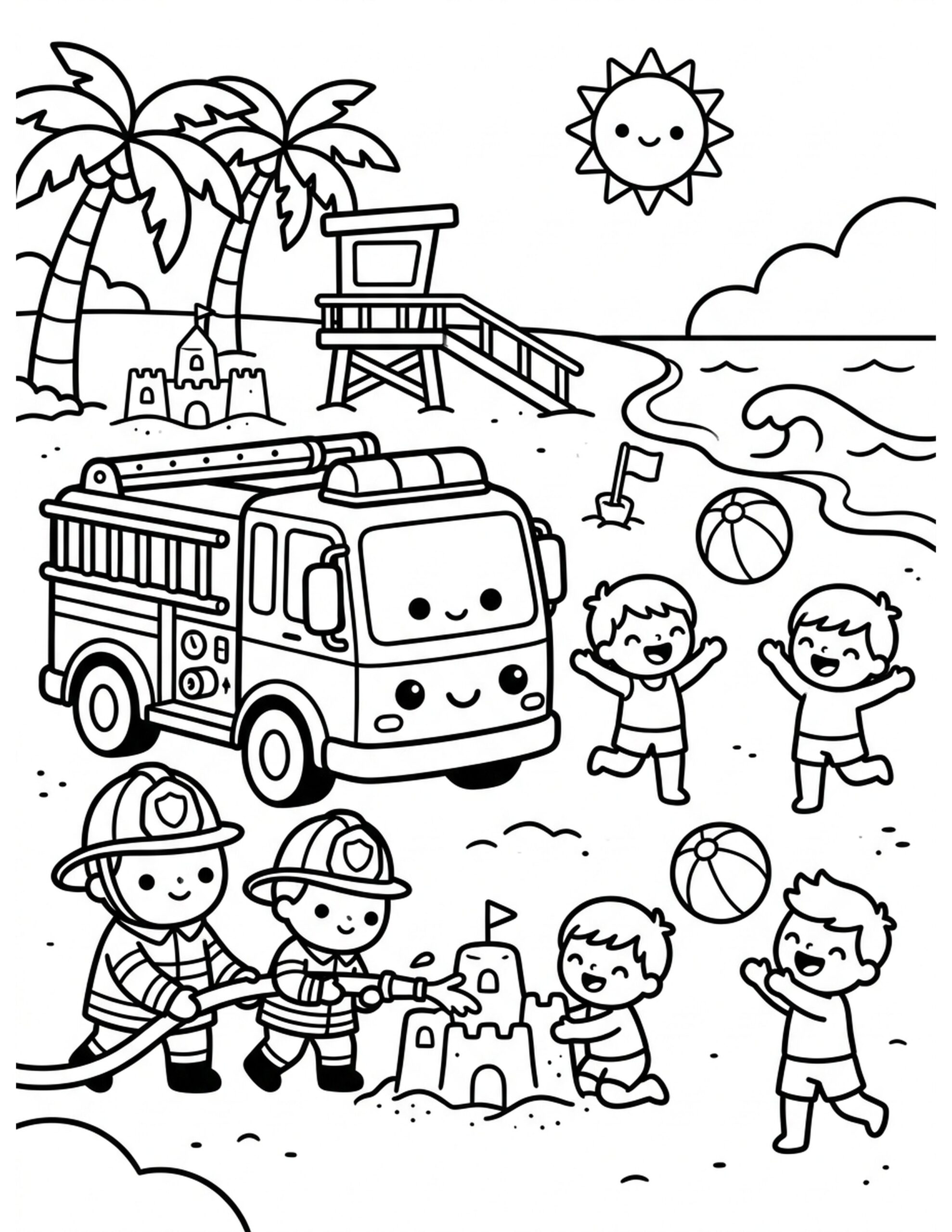 Fire Truck at the Beach Coloring Page