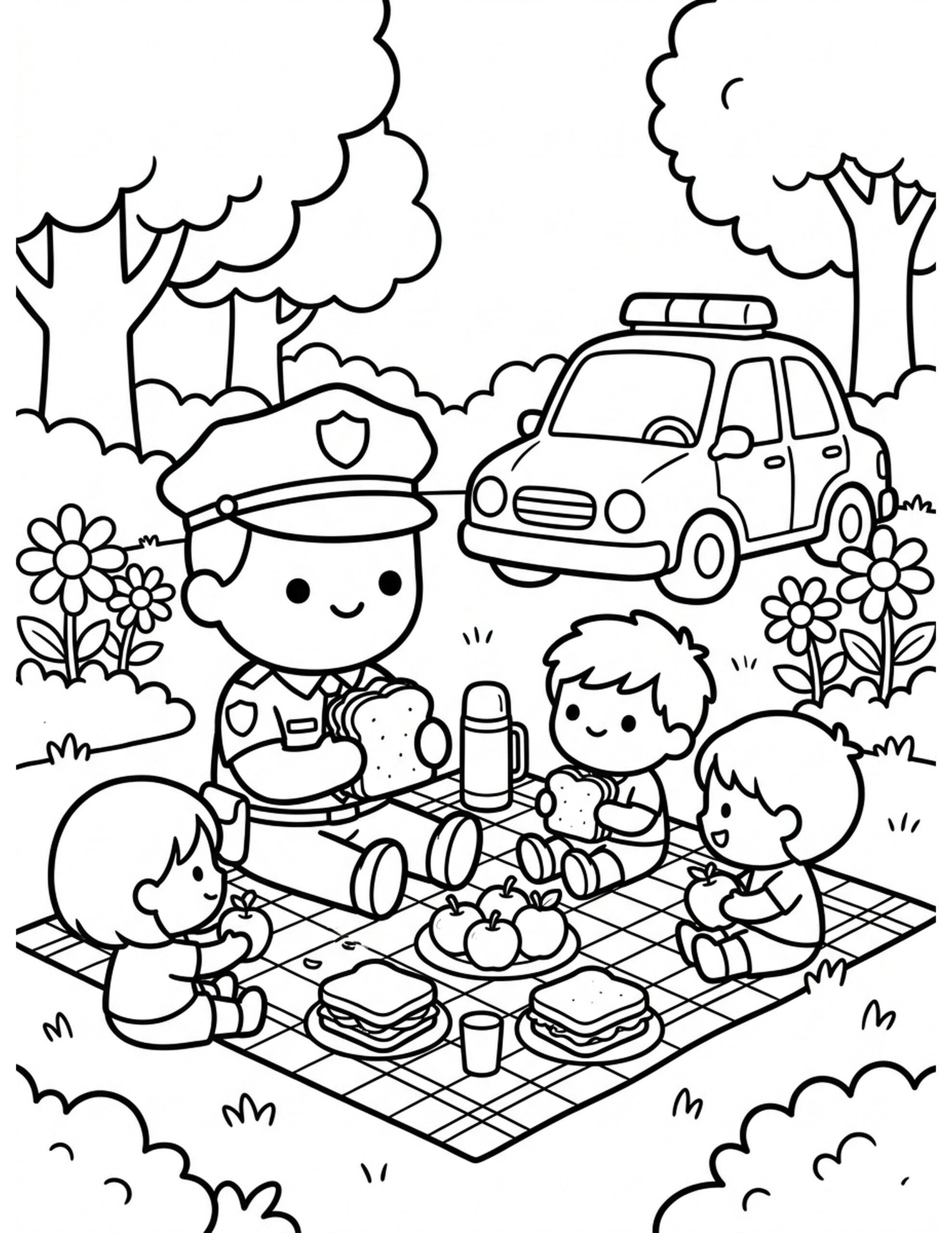 Police Officer's Picnic Coloring Page
