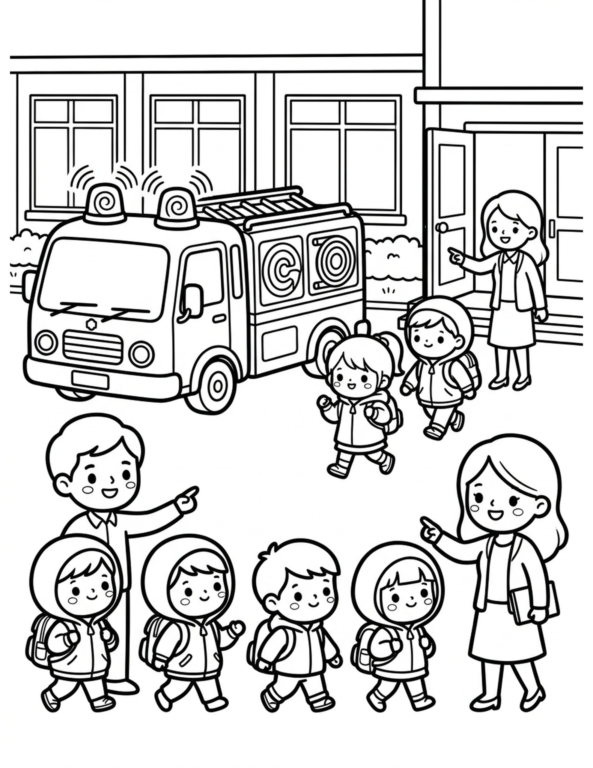 Fire Drill Day at School Coloring Page