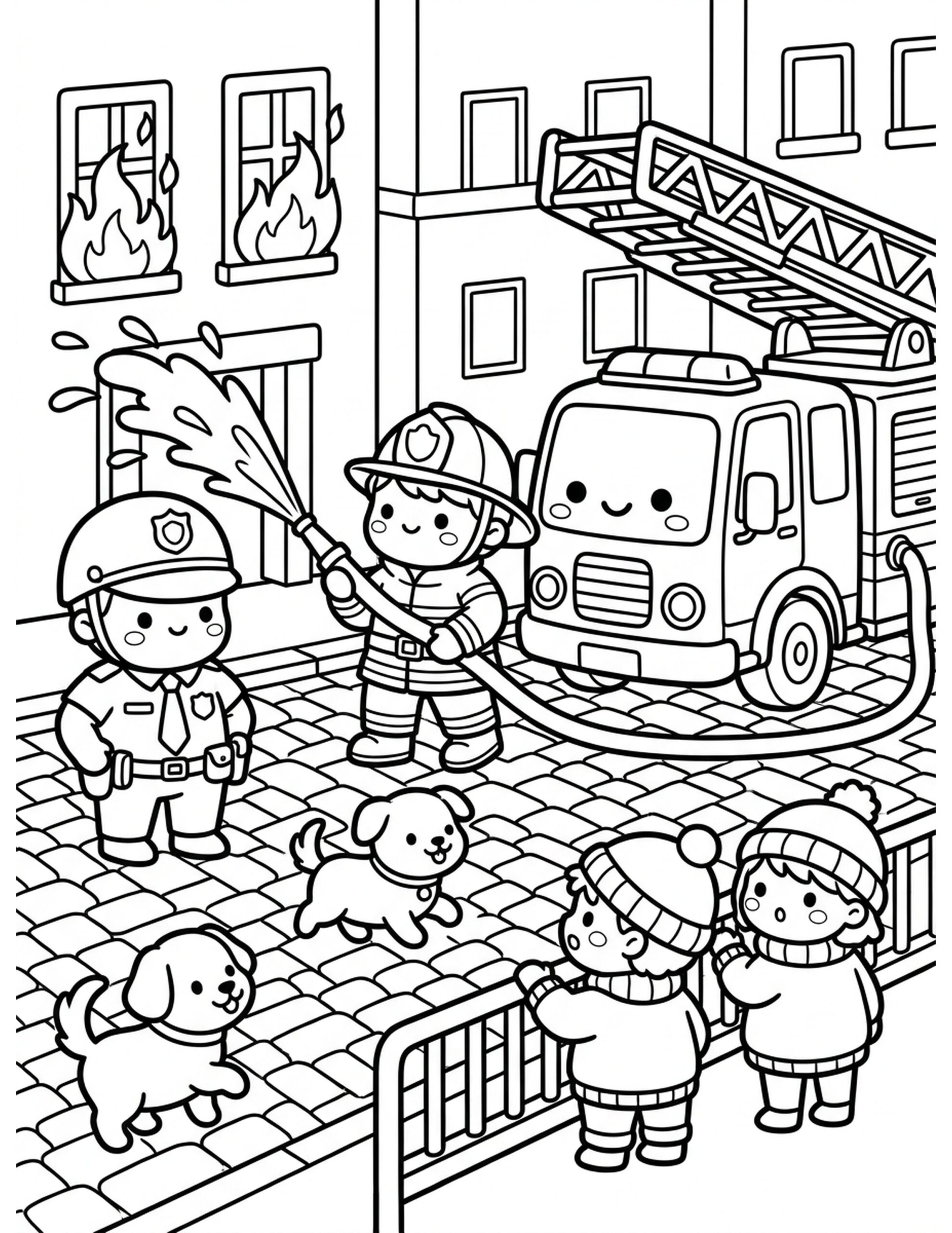 Police Fire Truck in Action Coloring Page