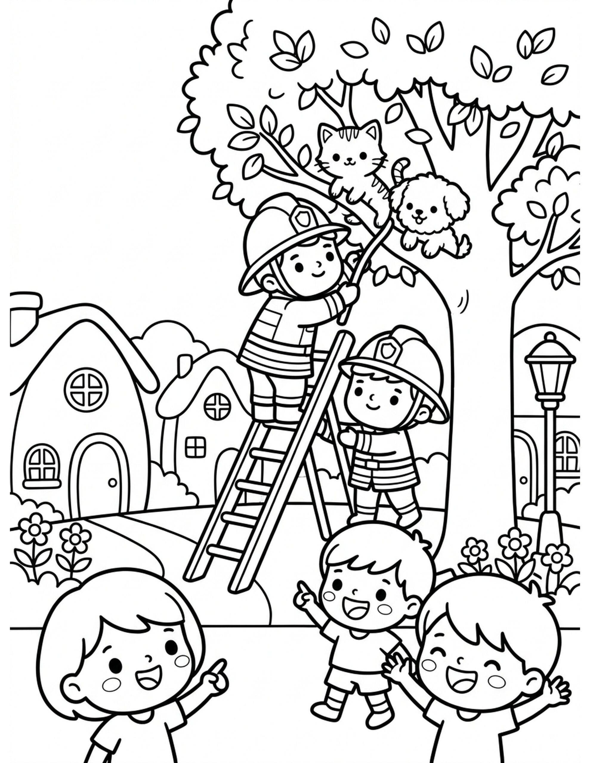 Firefighters Helping Animals Coloring Page