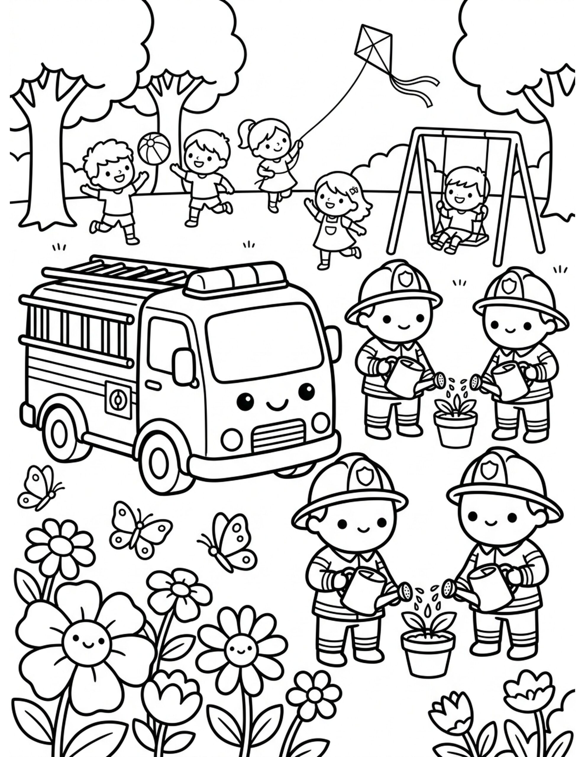 Fire Truck in Springtime Coloring Page