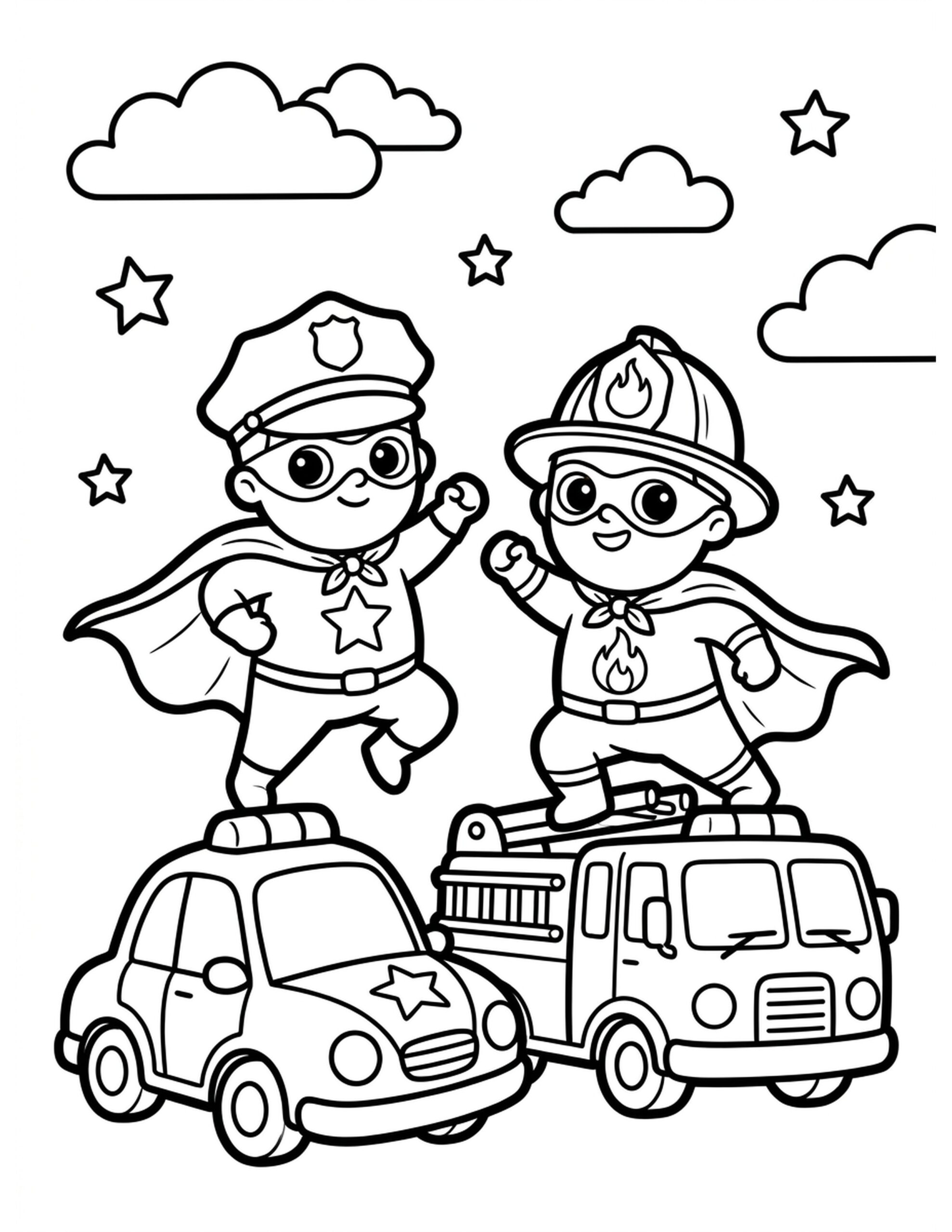 Police Officer and Firefighter Superheroes Coloring Page