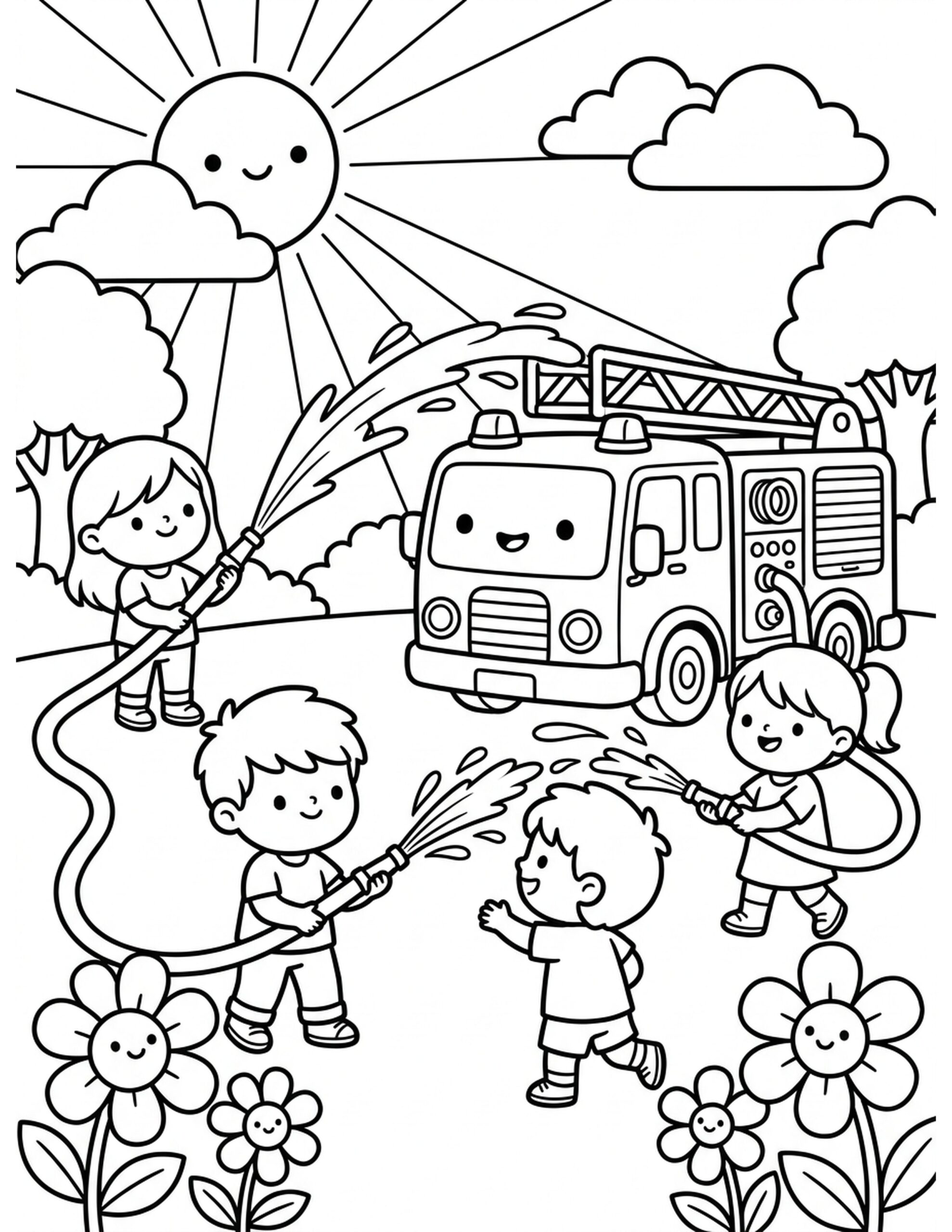 Fire Truck Water Games Coloring Page