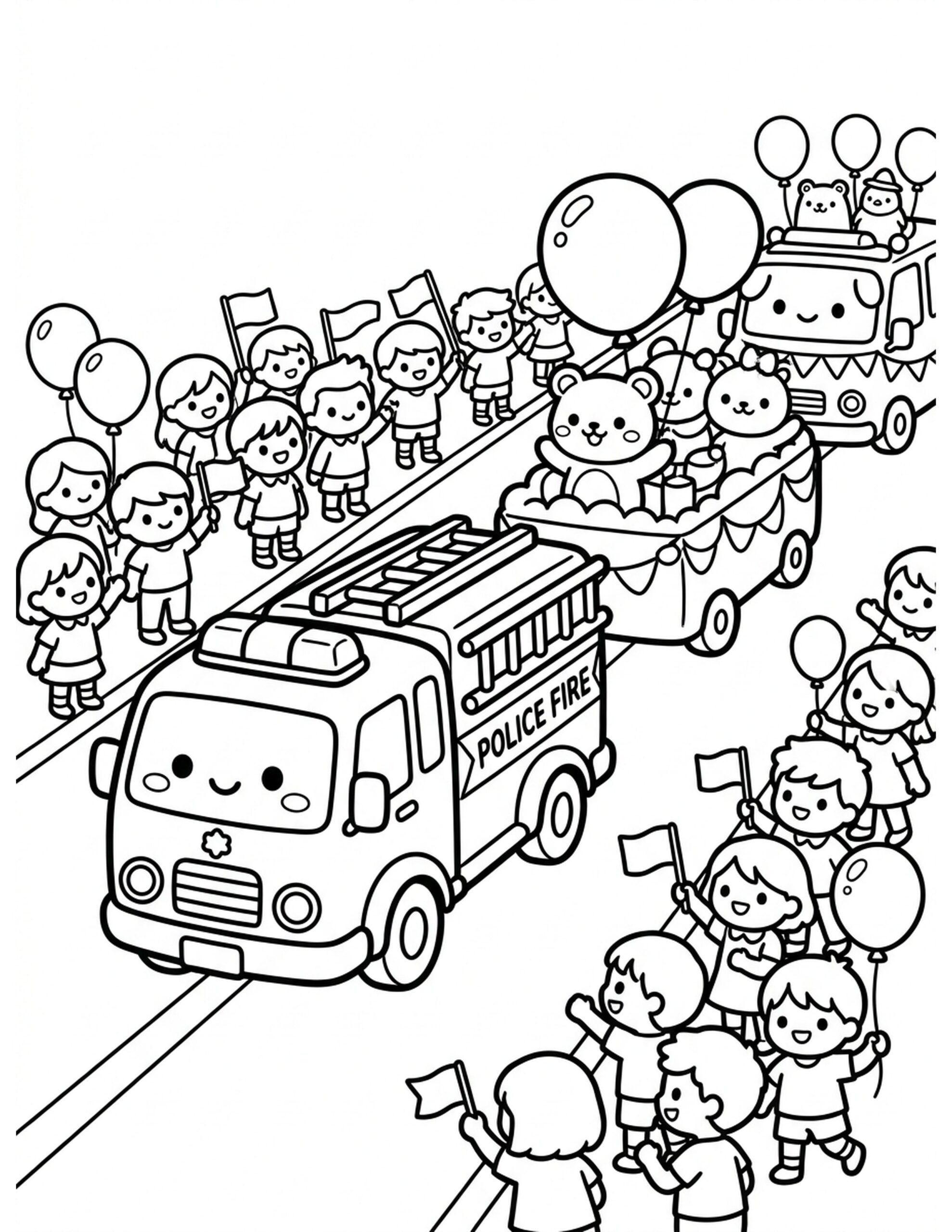 Fire Truck Parade Coloring Page