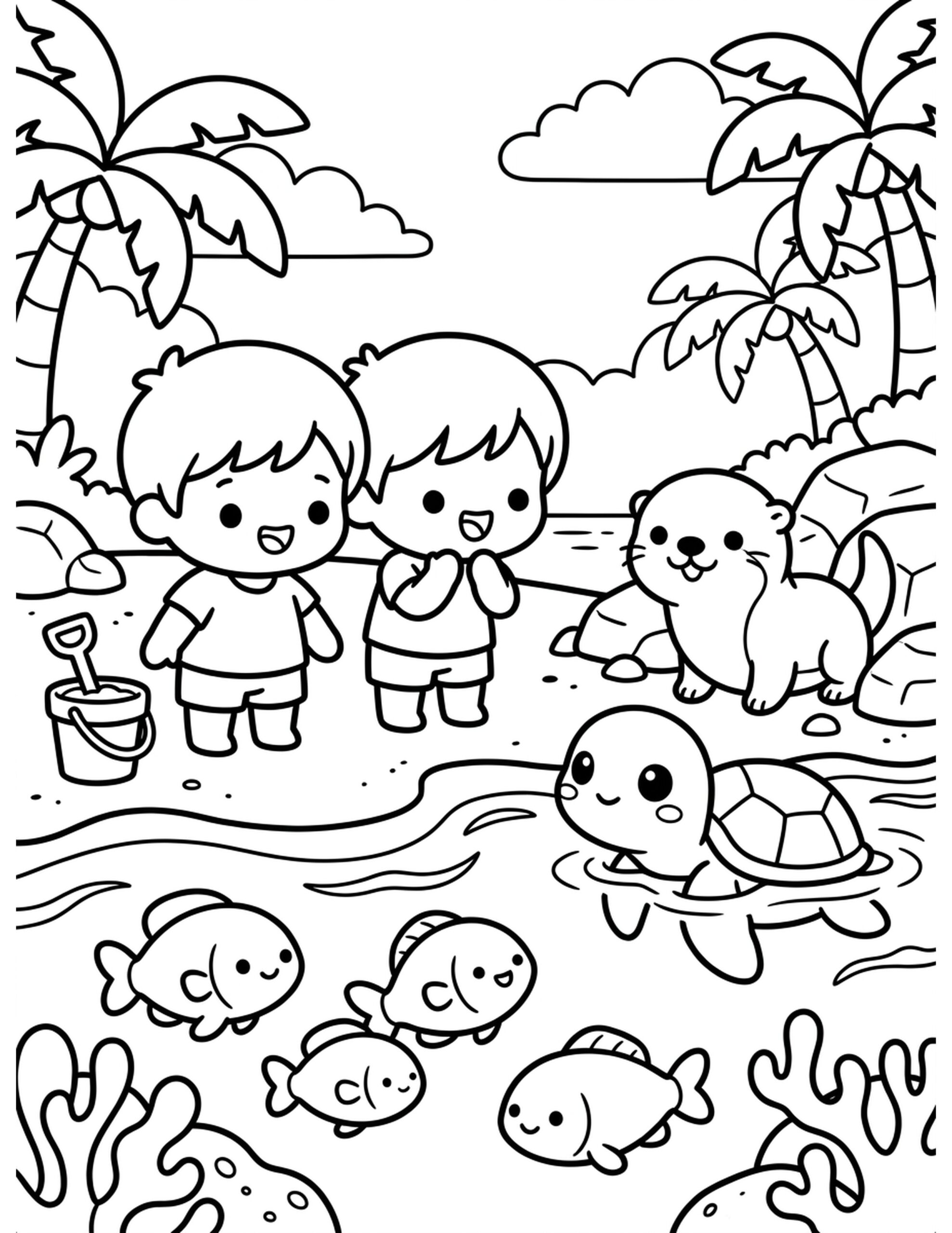 Beach Wildlife Encounter Coloring Page