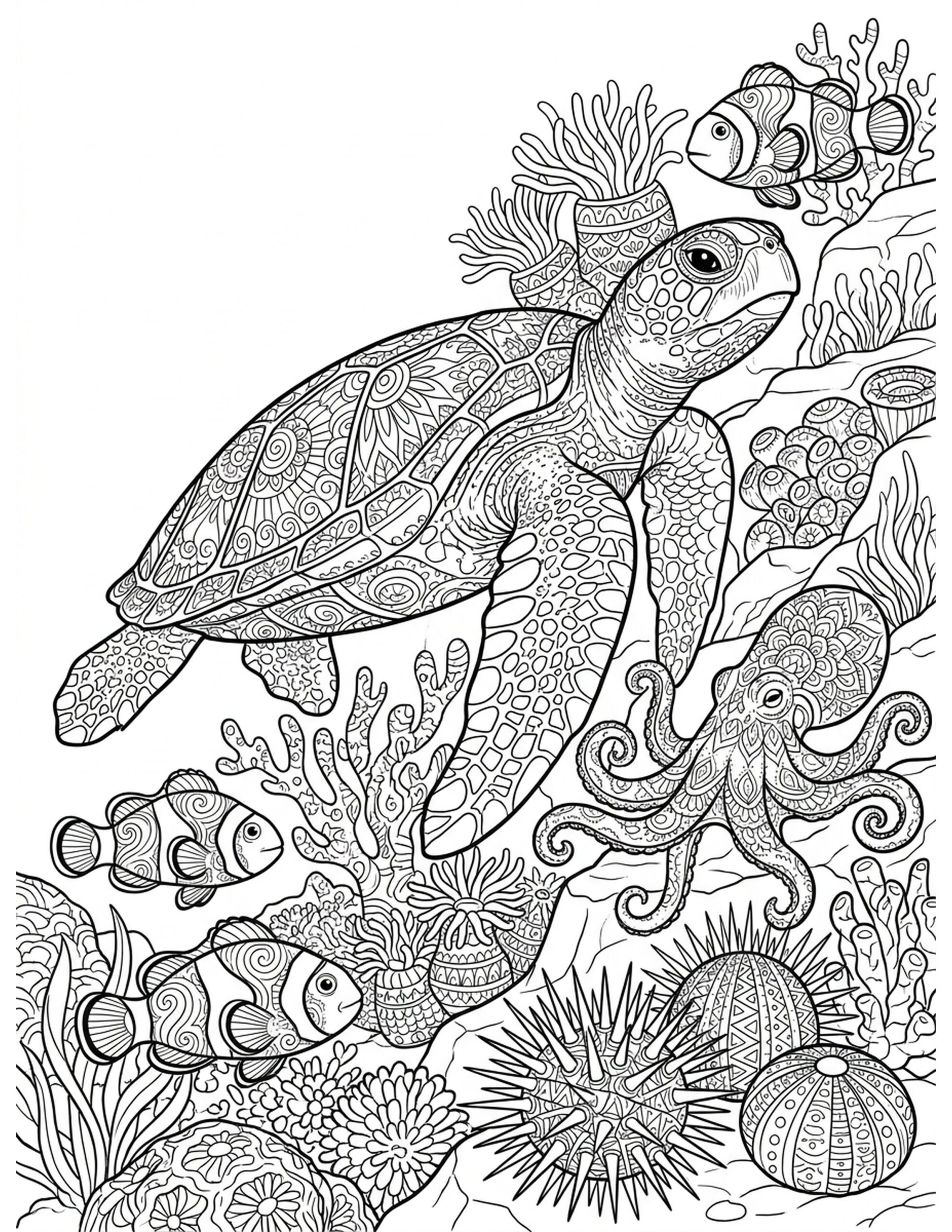 Turtle with Ocean Friends Coloring Page