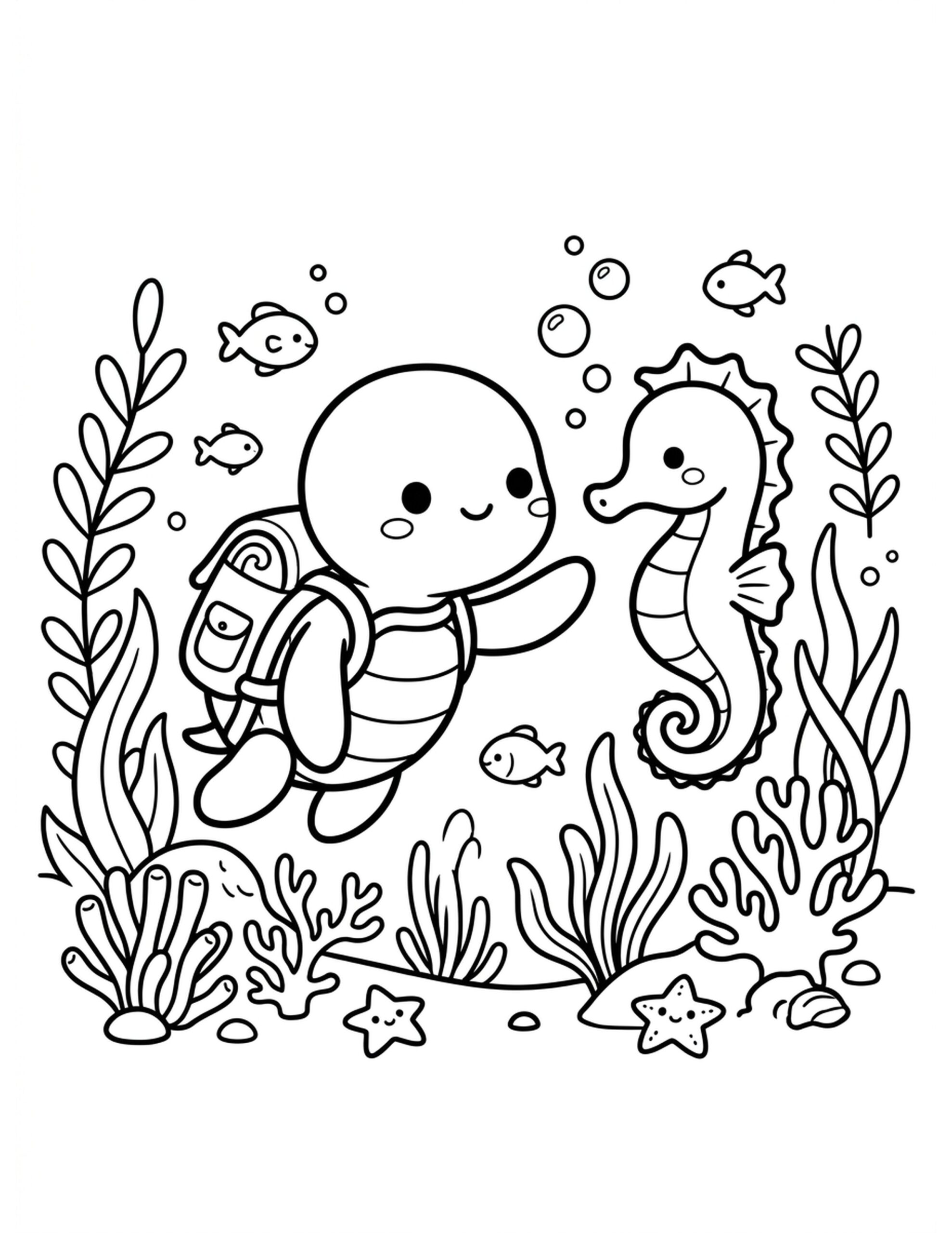 Turtle and Seahorse Friendship Coloring Page