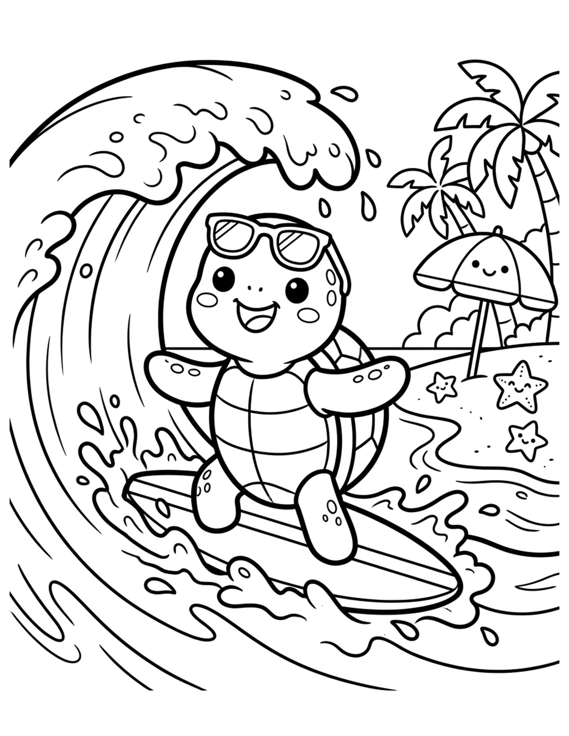 Turtle Surfing Scene Coloring Page