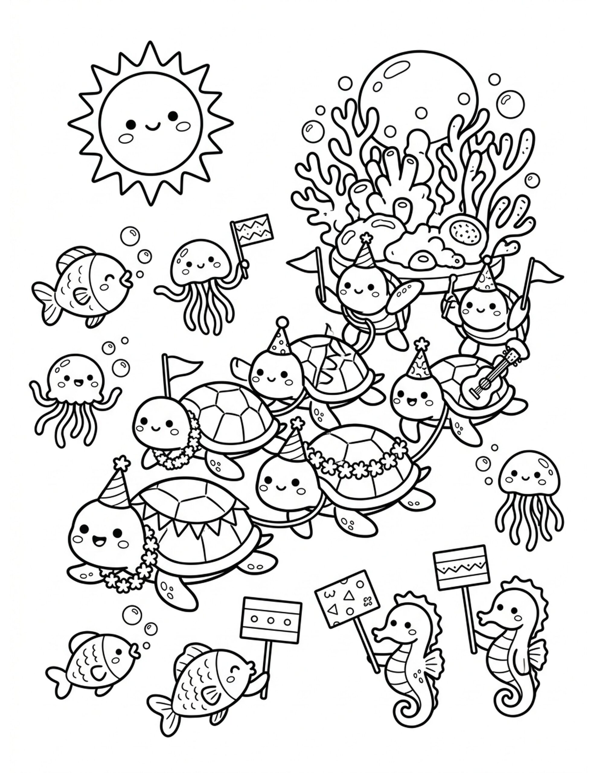 Sea Turtle Parade Coloring Page