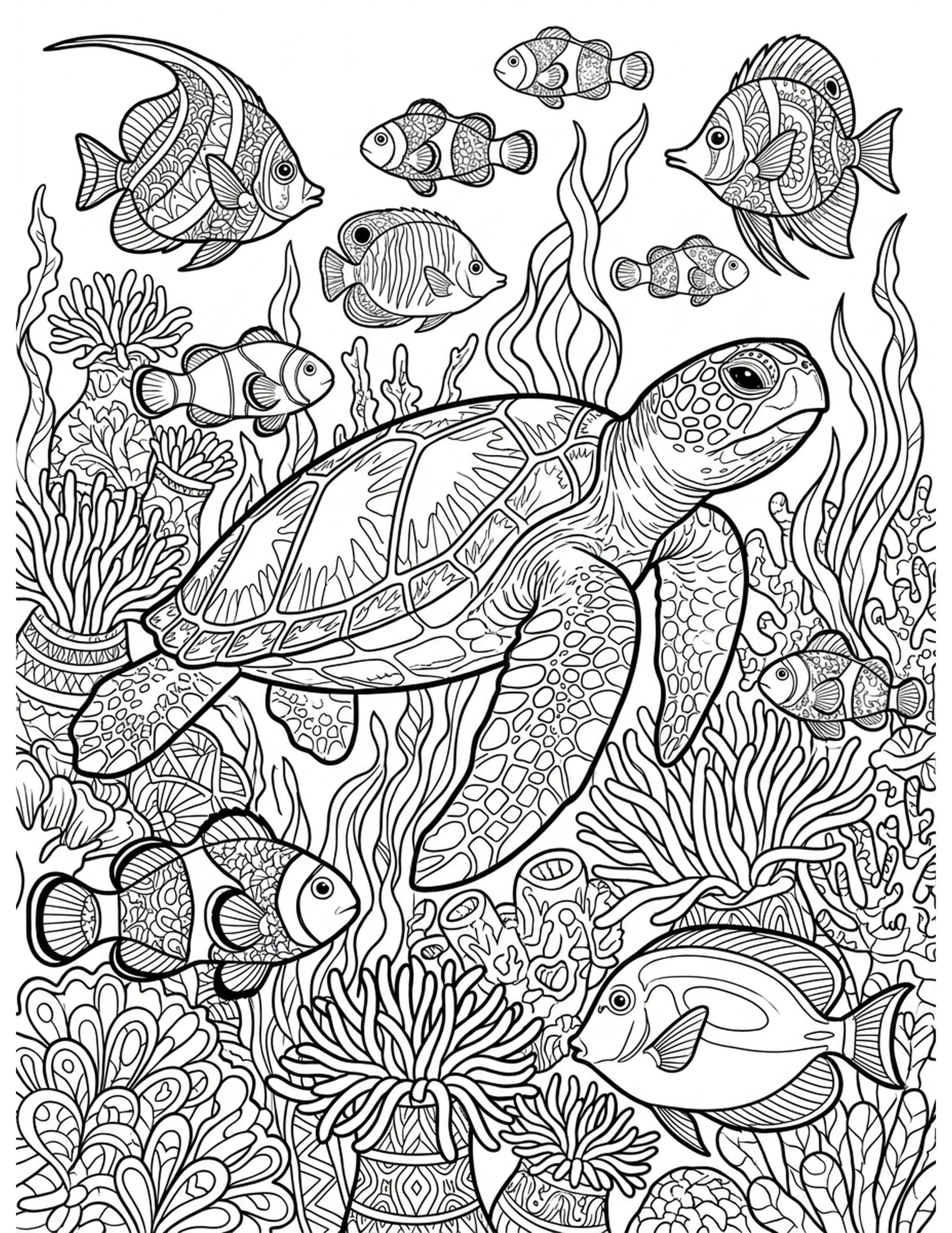 Sea Turtle Swimming in Coral Reef Coloring Page